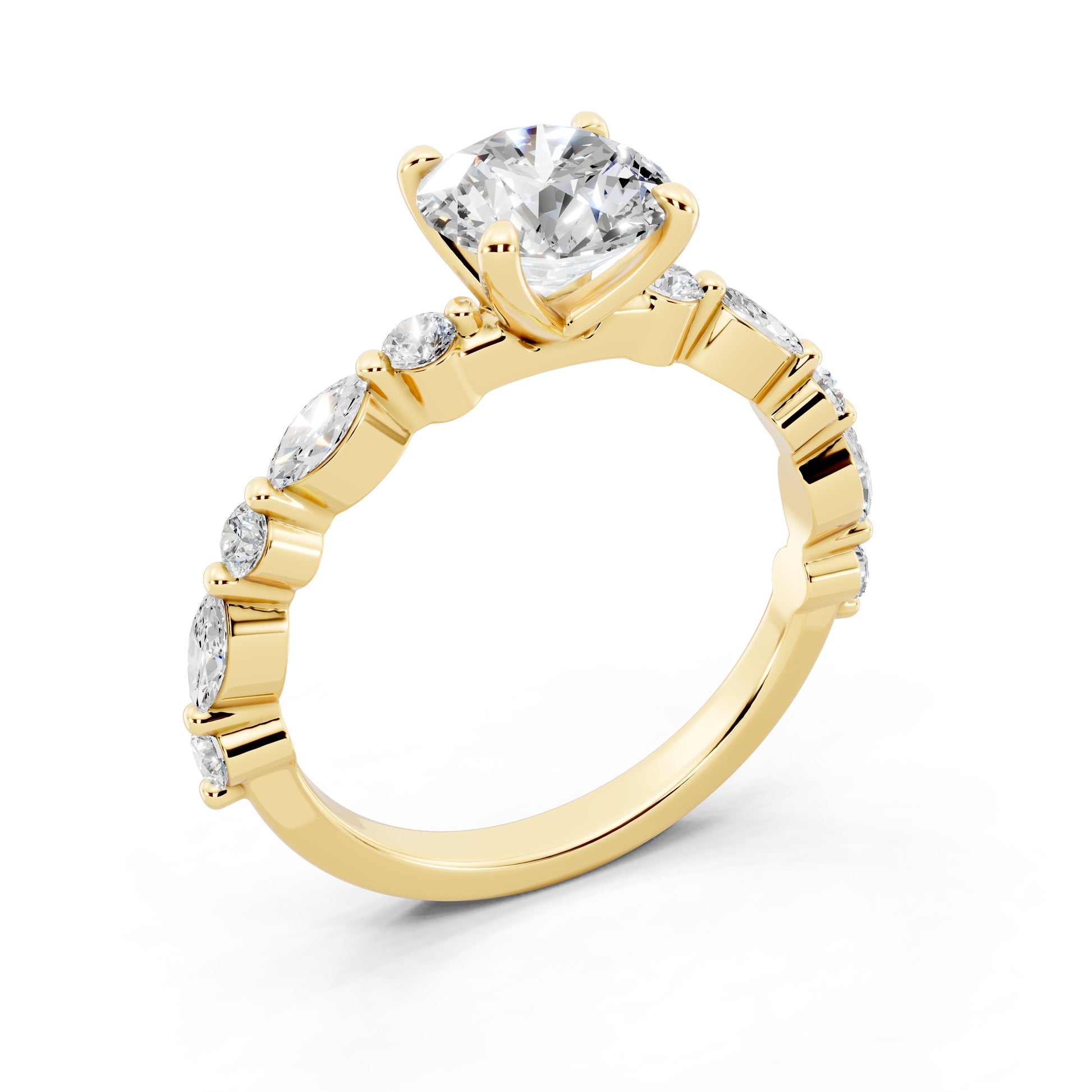Customizable 1.3ct Round Cut Pavé Lab Diamond Engagement Ring with Marquise sides