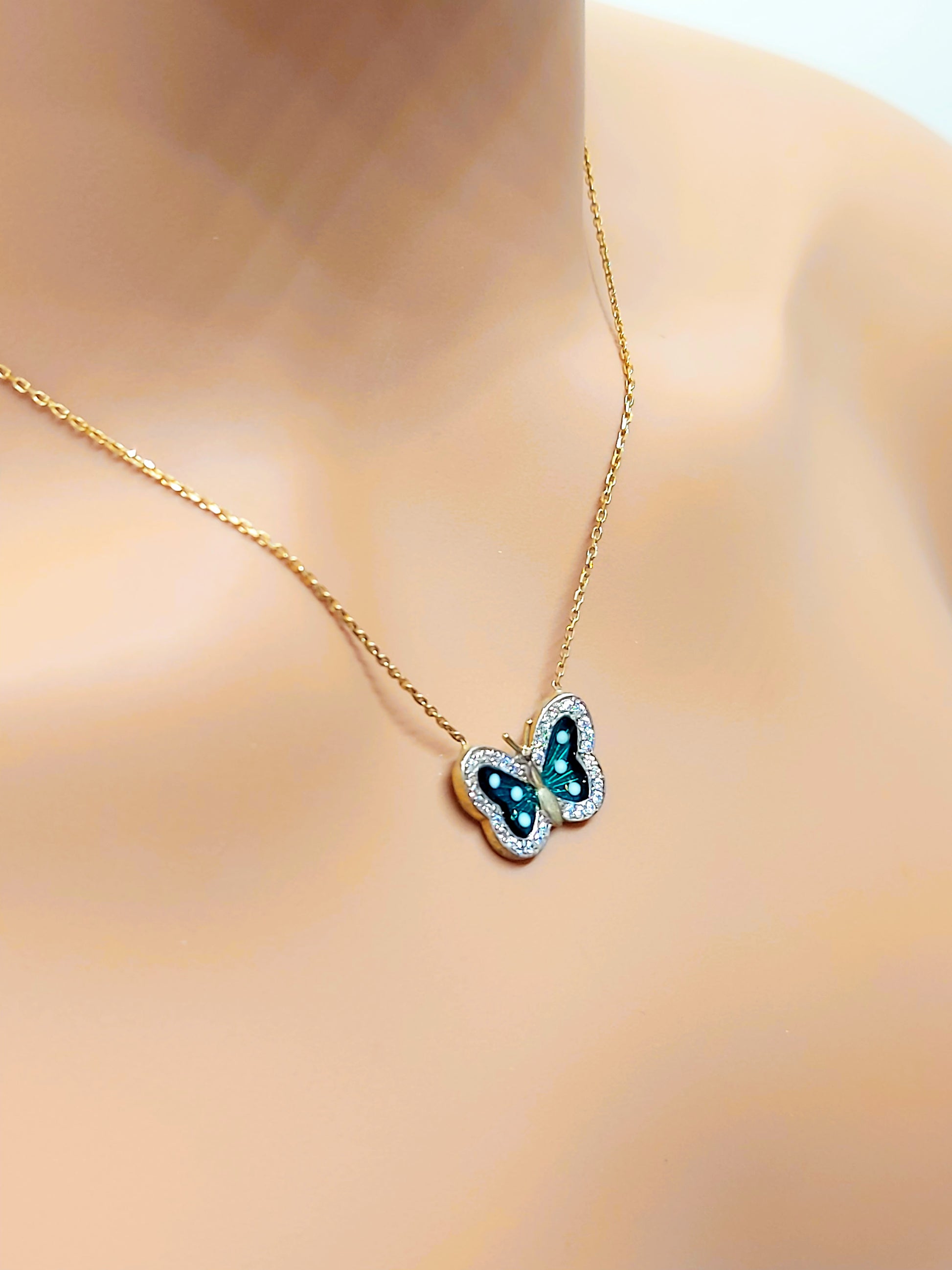 10k Real Solid Gold Green Butterfly Necklace with Diamonds for women