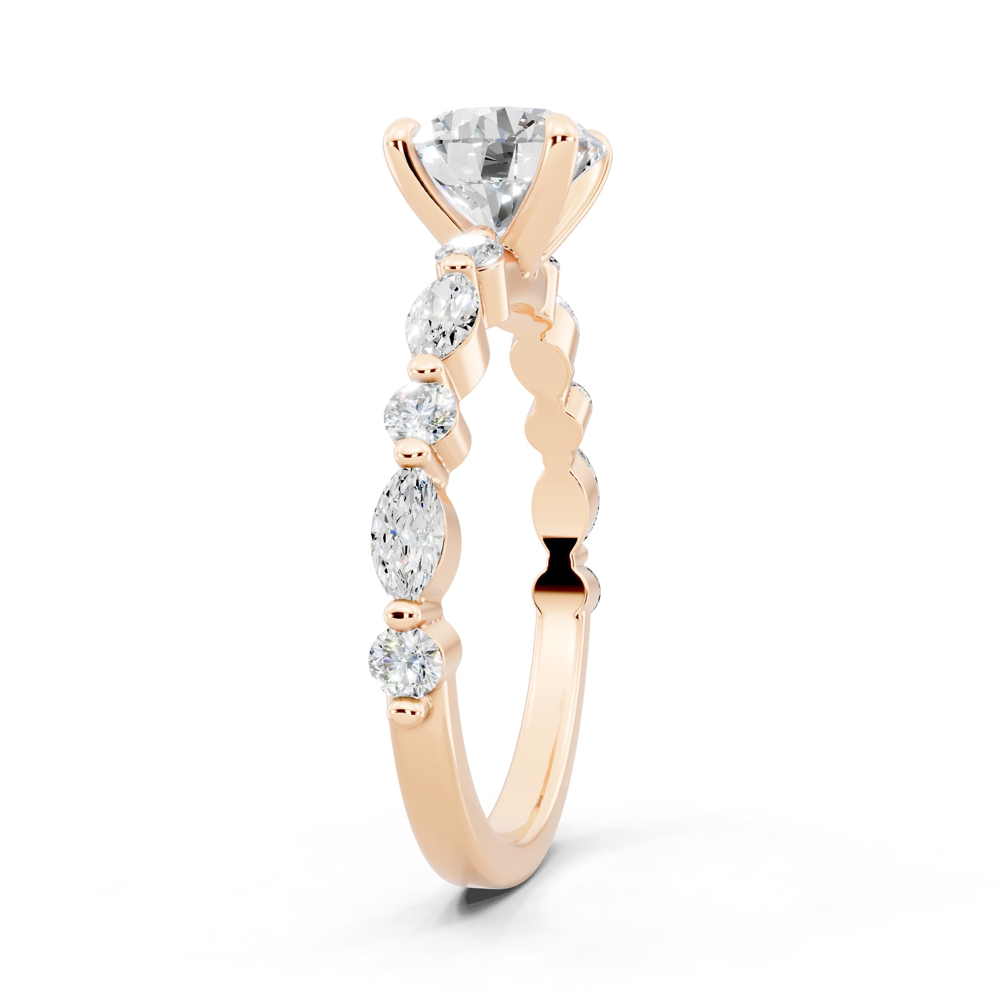 Customizable 1.3ct Round Cut Pavé Lab Diamond Engagement Ring with Marquise sides