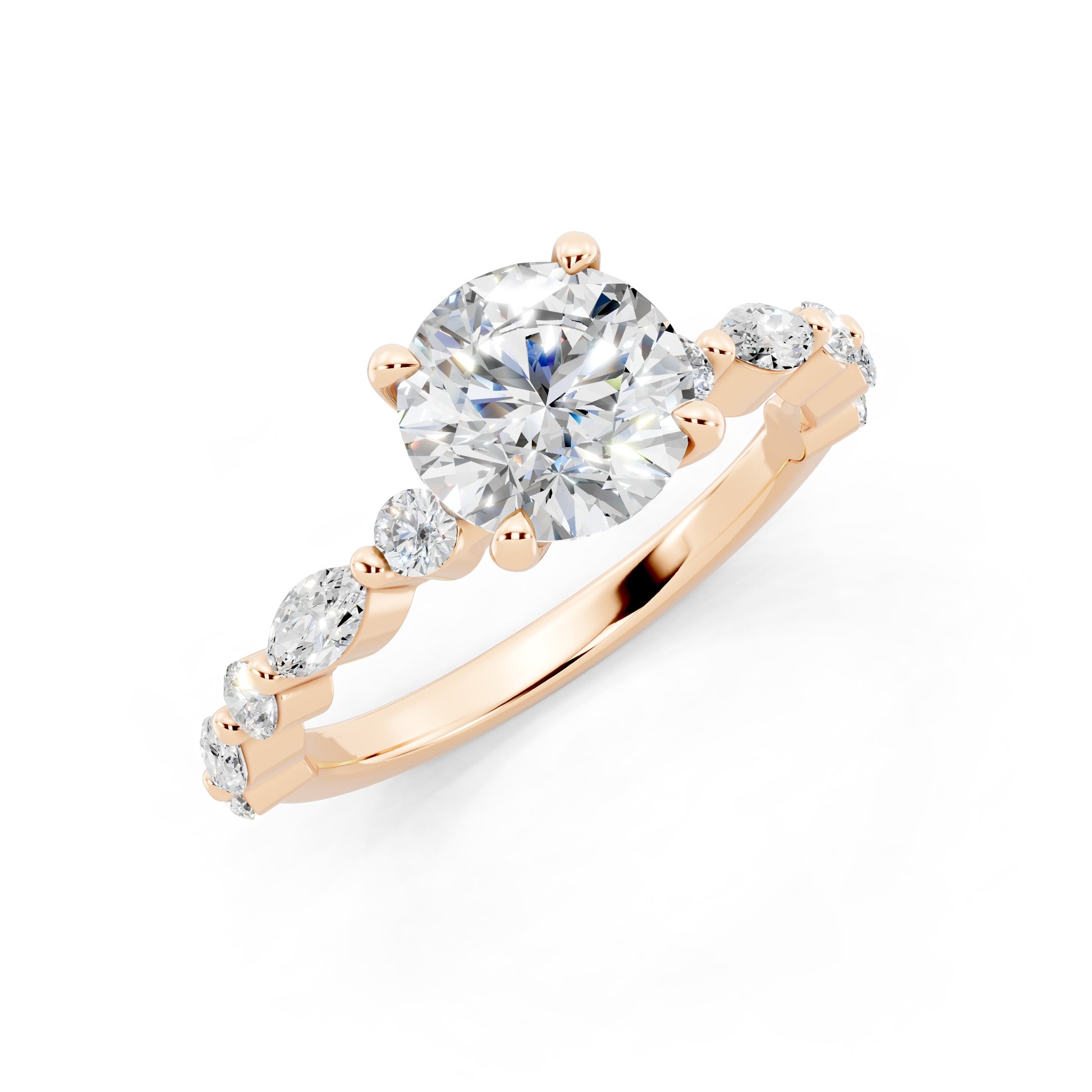 Customizable 1.3ct Round Cut Pavé Lab Diamond Engagement Ring with Marquise sides