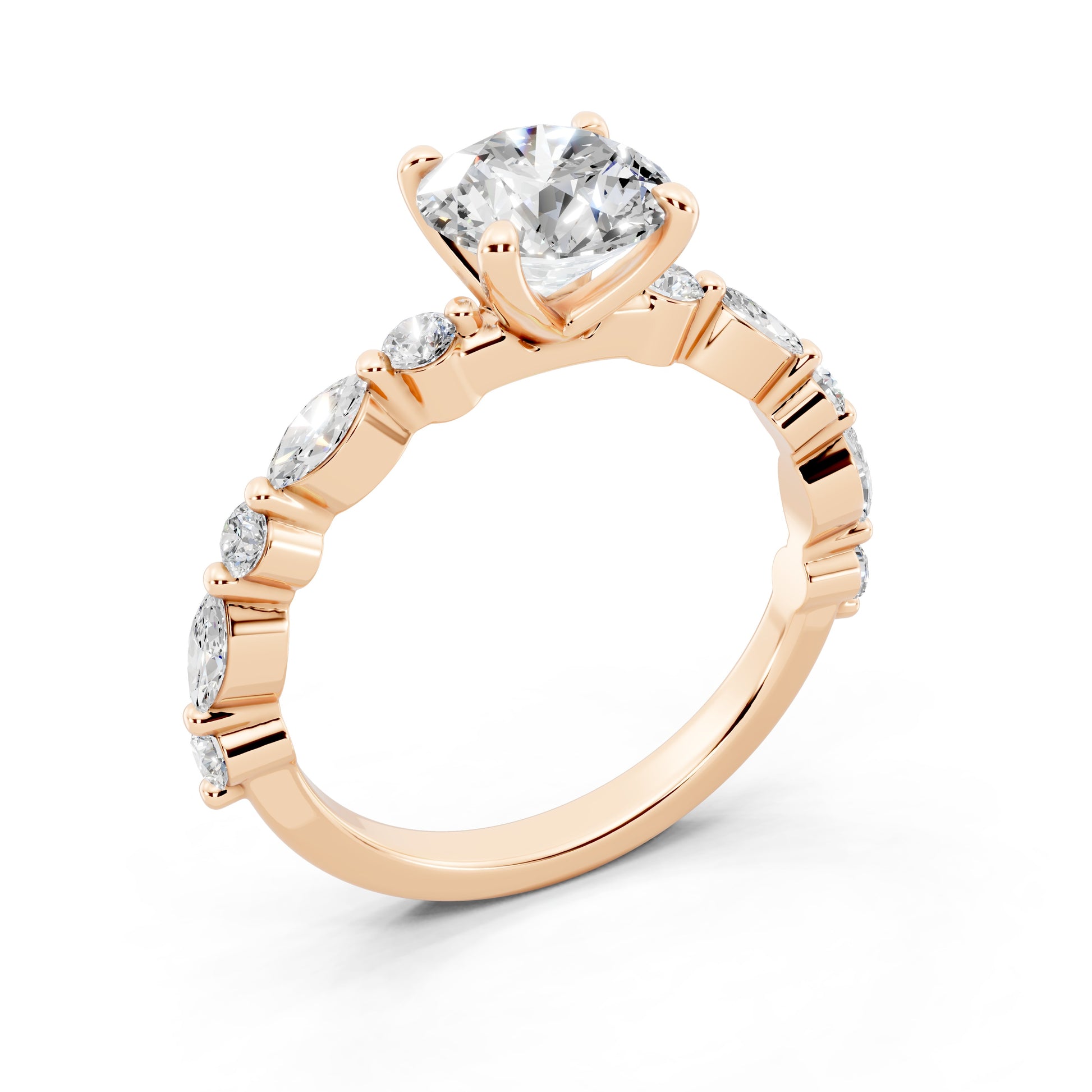 Customizable 1.3ct Round Cut Pavé Lab Diamond Engagement Ring with Marquise sides