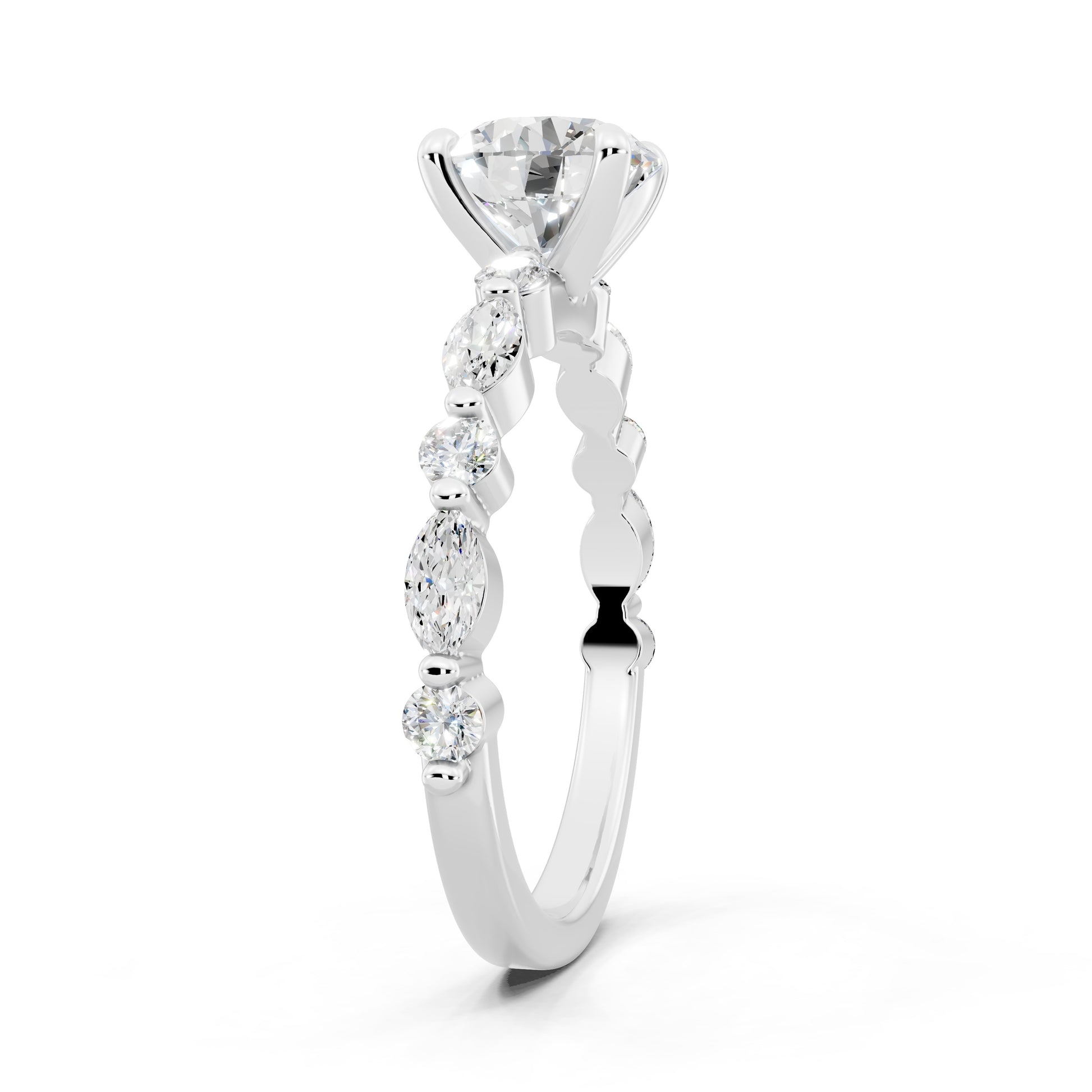 Customizable 1.3ct Round Cut Pavé Lab Diamond Engagement Ring with Marquise sides