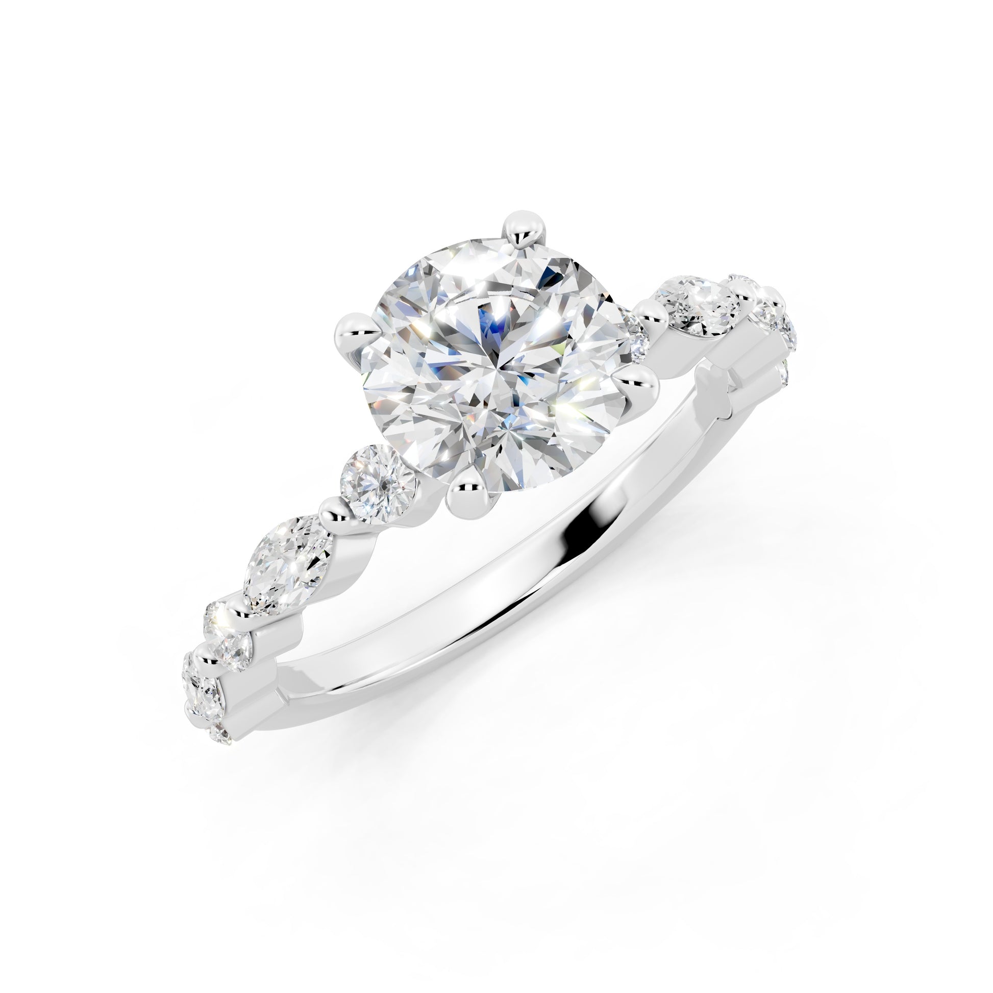 Customizable 1.3ct Round Cut Pavé Lab Diamond Engagement Ring with Marquise sides