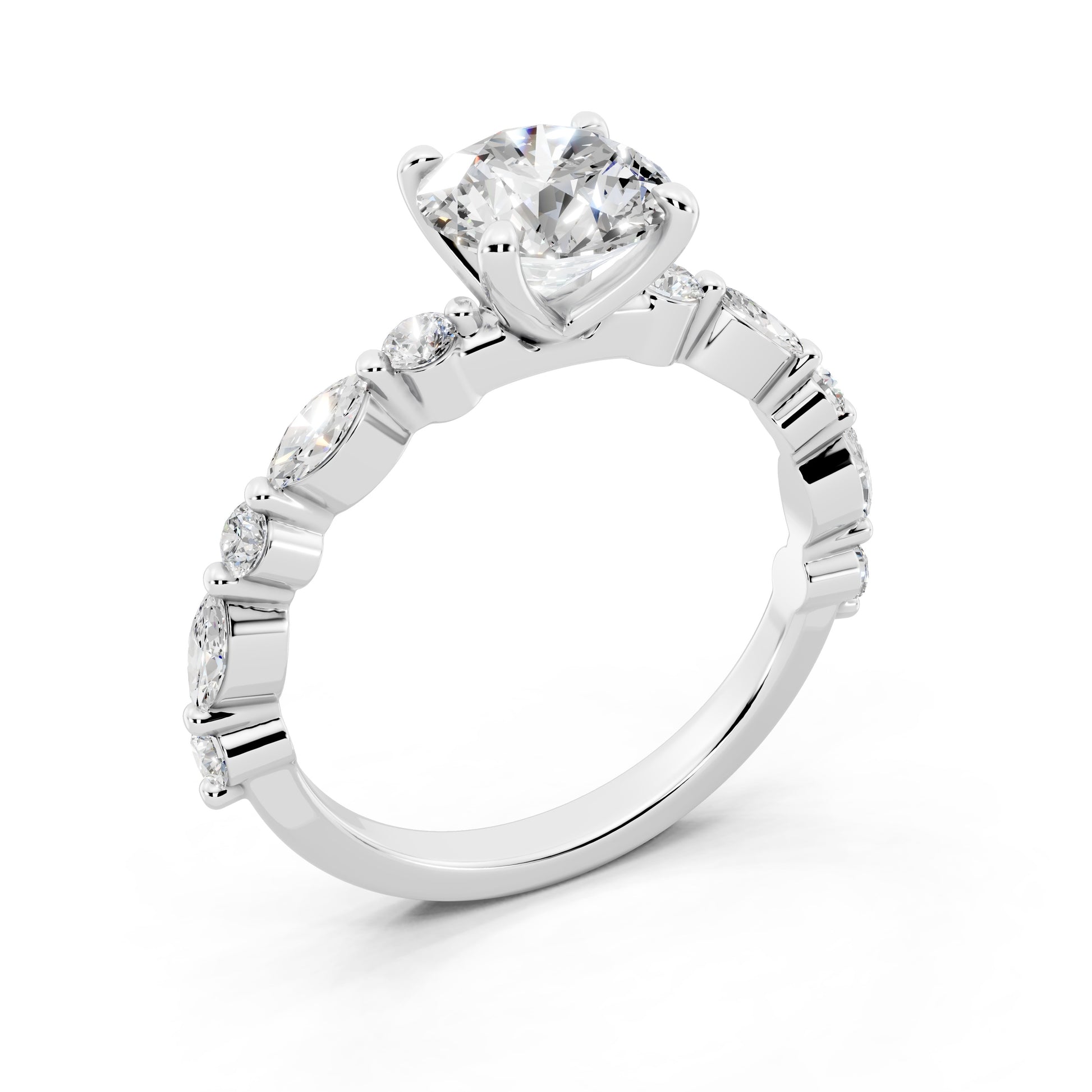 Customizable 1.3ct Round Cut Pavé Lab Diamond Engagement Ring with Marquise sides