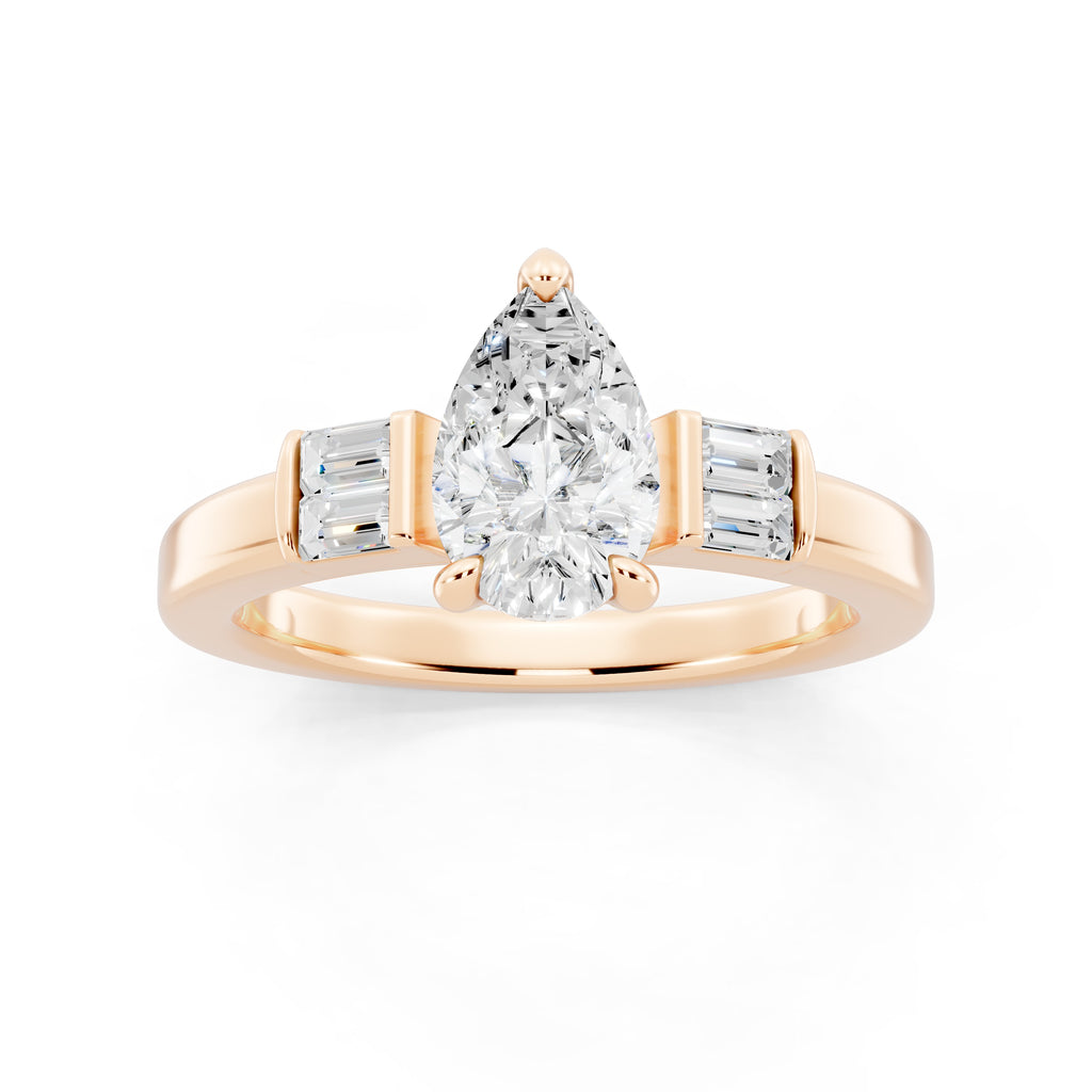Customizable 1ct Lab Diamond Pear cut Engagement Ring with 4 baguette side diamonds