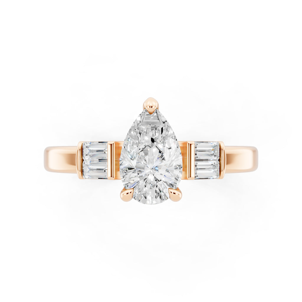 Customizable 1ct Lab Diamond Pear cut Engagement Ring with 4 baguette side diamonds