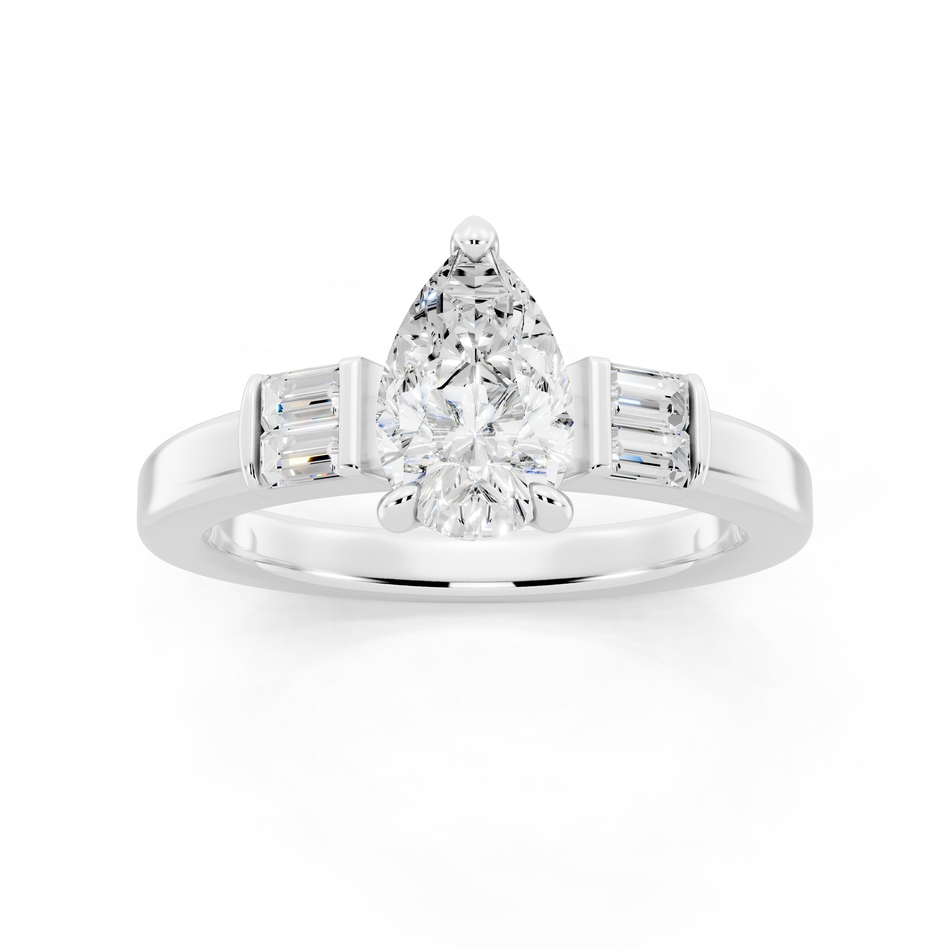 Customizable 1ct Lab Diamond Pear cut Engagement Ring with 4 baguette side diamonds