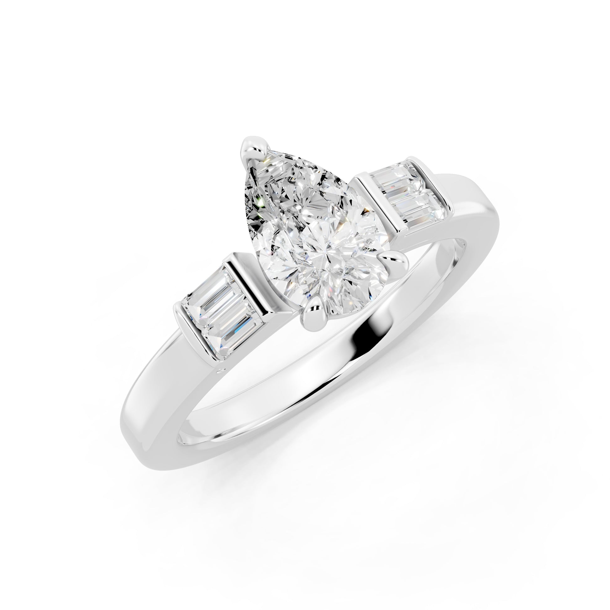 Customizable 1ct Lab Diamond Pear cut Engagement Ring with 4 baguette side diamonds