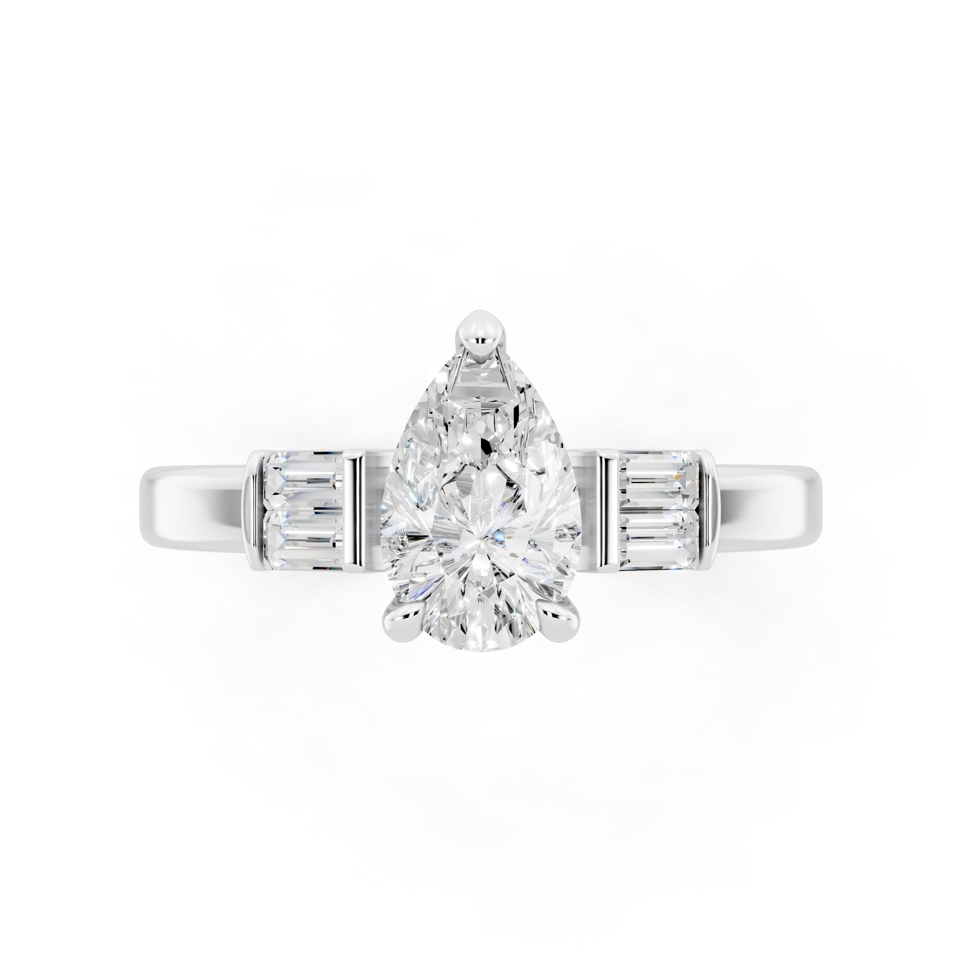 Customizable 1ct Lab Diamond Pear cut Engagement Ring with 4 baguette side diamonds