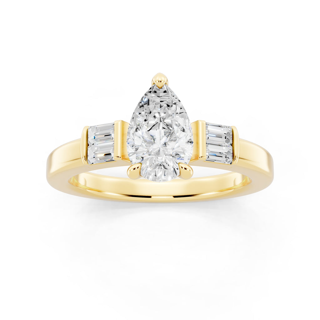 Customizable 1ct Lab Diamond Pear cut Engagement Ring with 4 baguette side diamonds