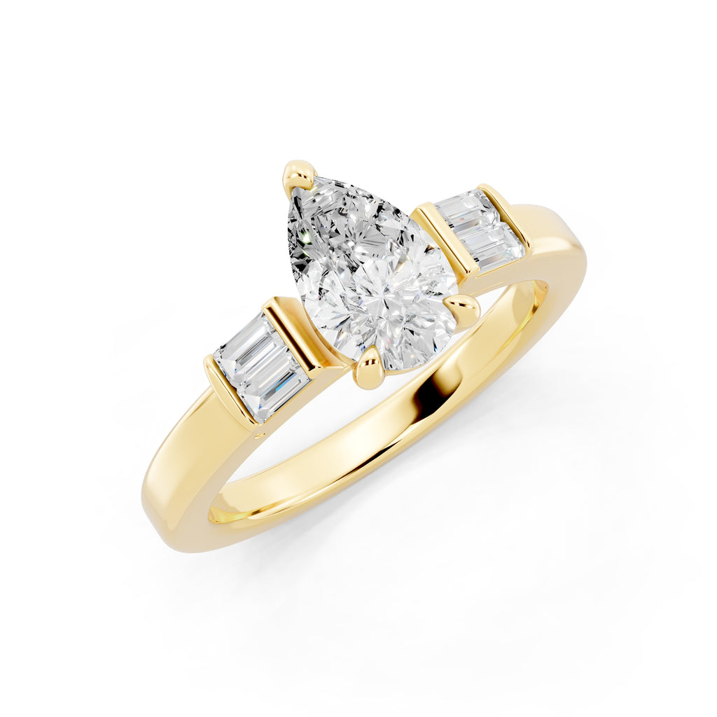 Customizable 1ct Lab Diamond Pear cut Engagement Ring with 4 baguette side diamonds