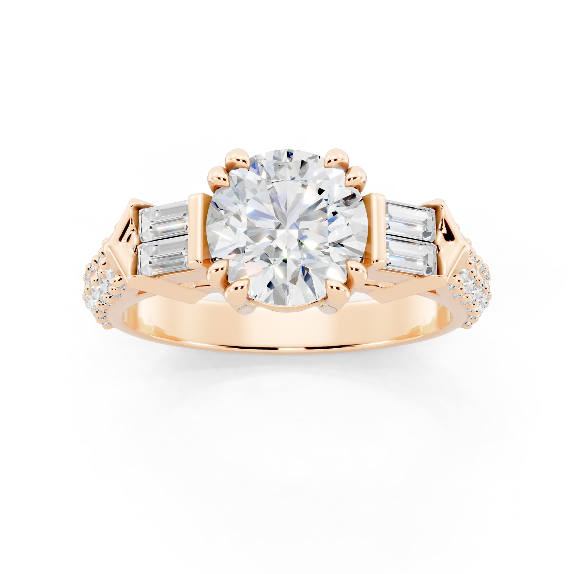 Customizable 1ct center Round cut Lab Diamond Engagement Ring with side baguettes