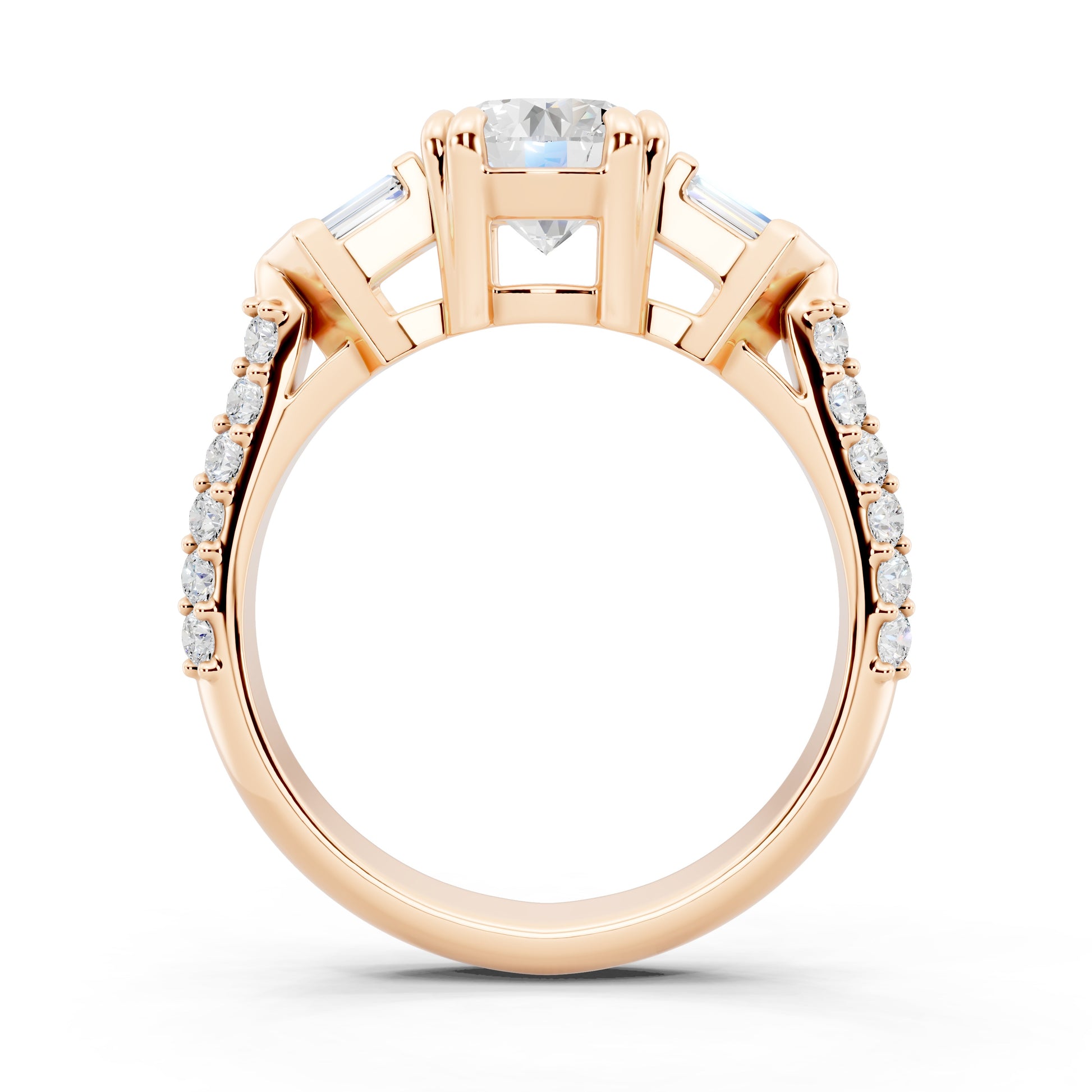 Customizable 1ct center Round cut Lab Diamond Engagement Ring with side baguettes