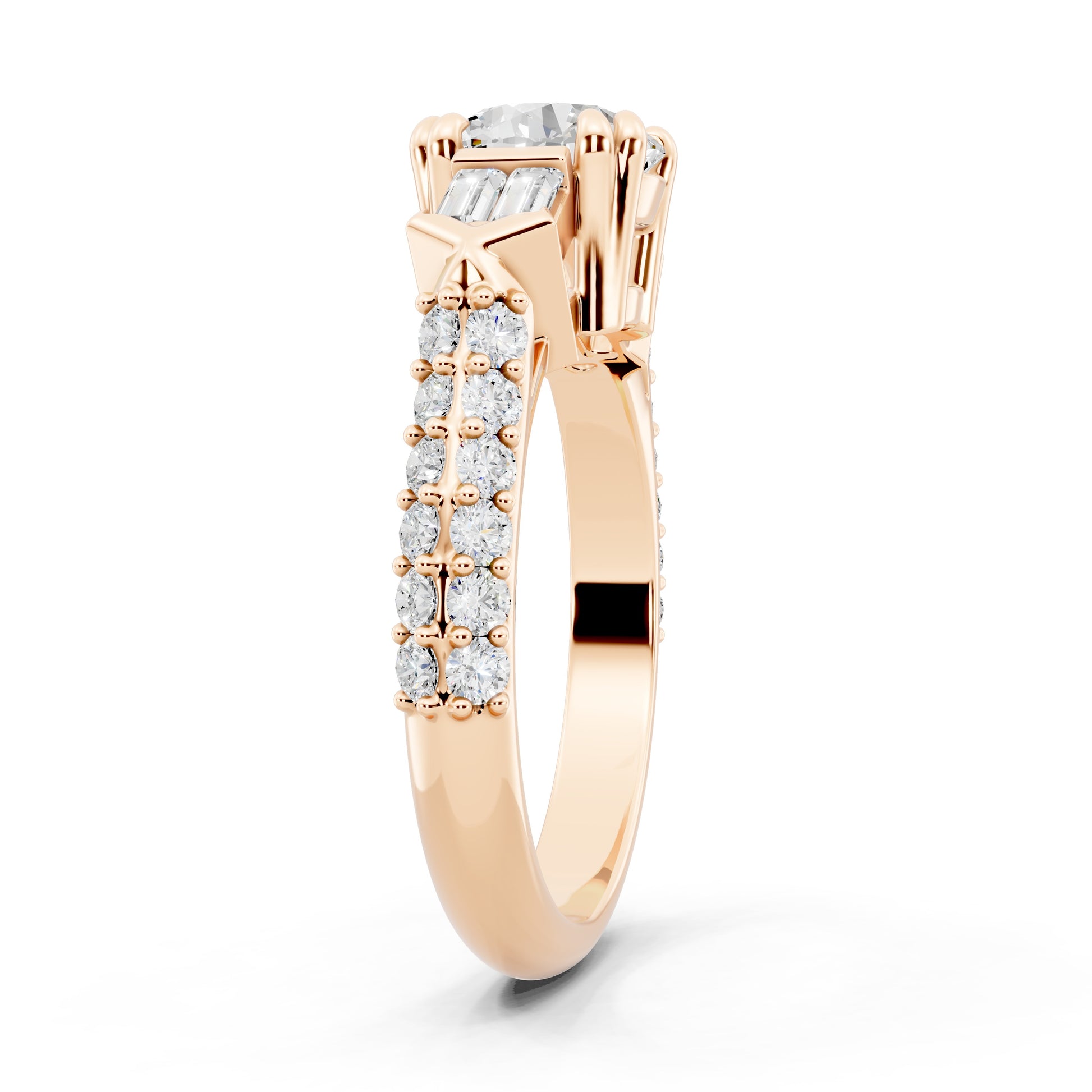 Customizable 1ct center Round cut Lab Diamond Engagement Ring with side baguettes