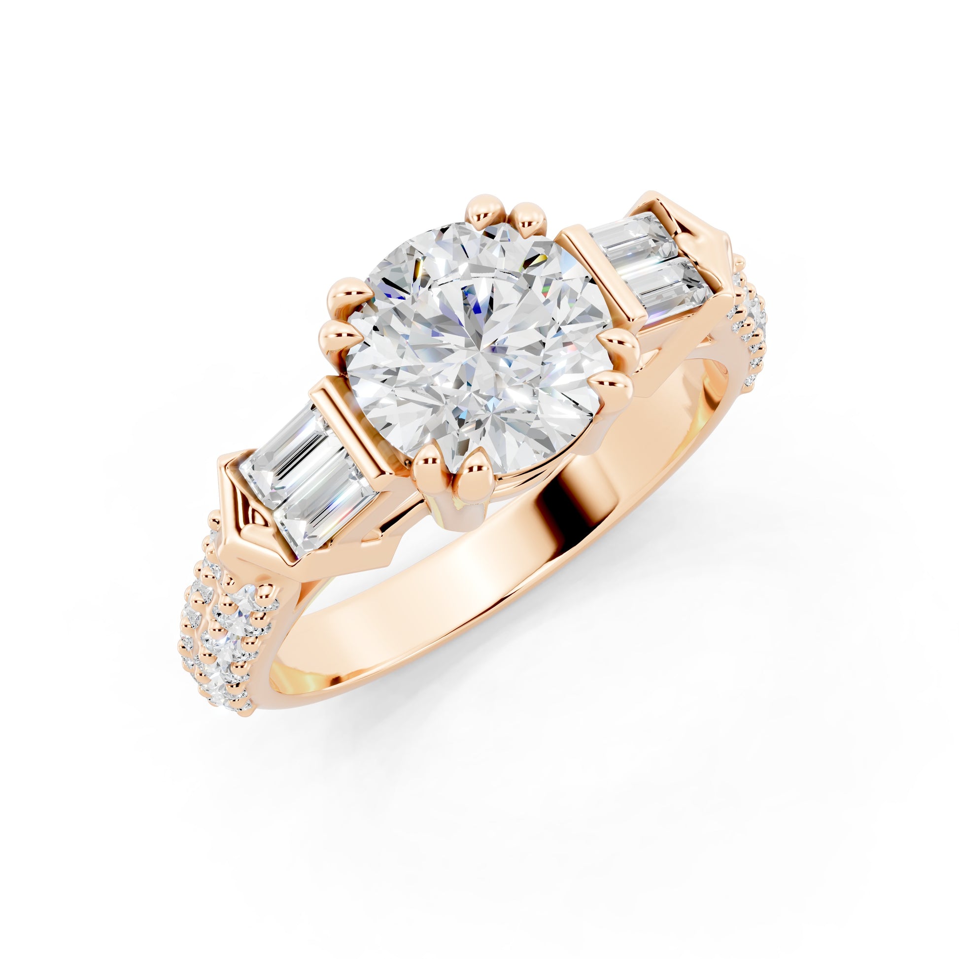 Customizable 1ct center Round cut Lab Diamond Engagement Ring with side baguettes
