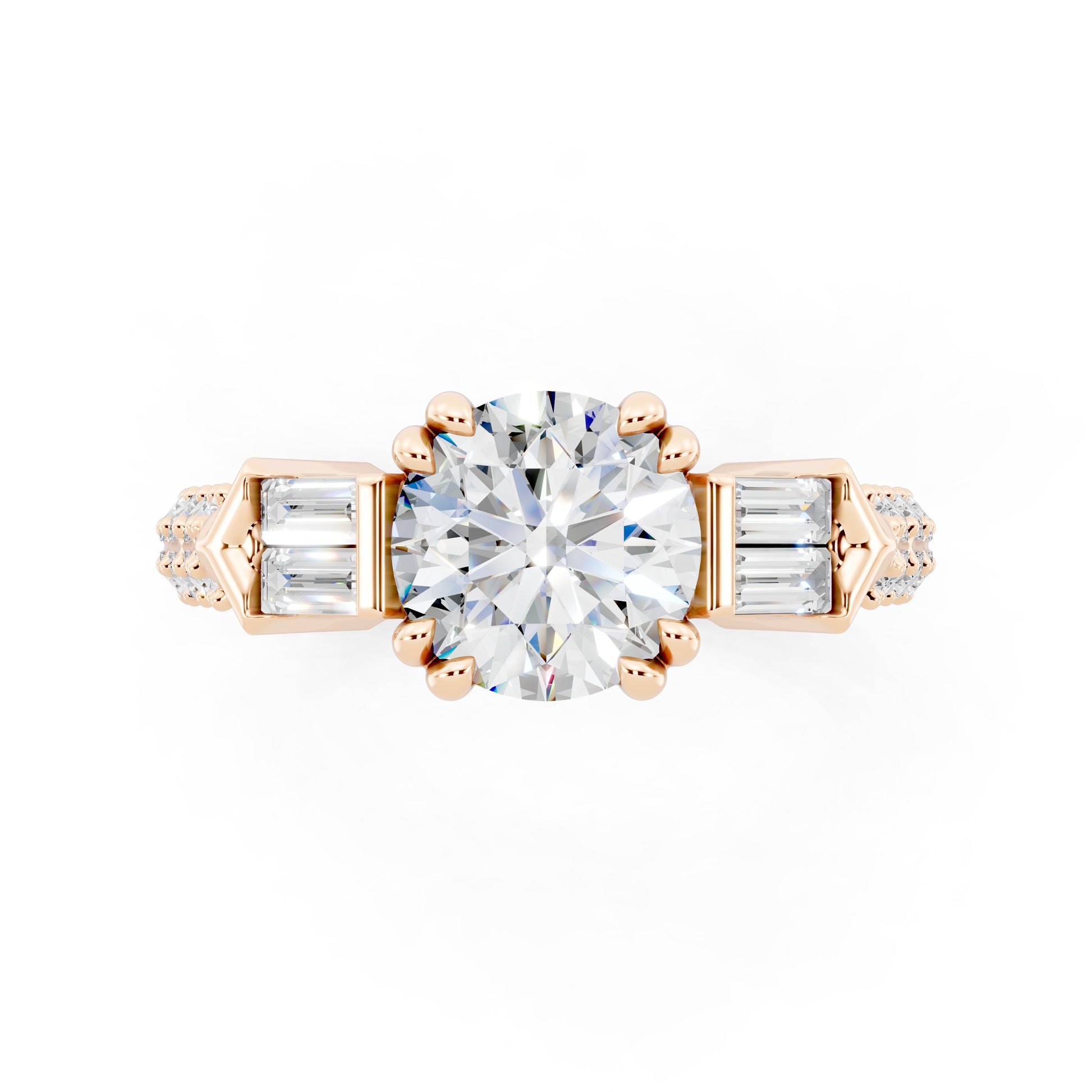Customizable 1ct center Round cut Lab Diamond Engagement Ring with side baguettes