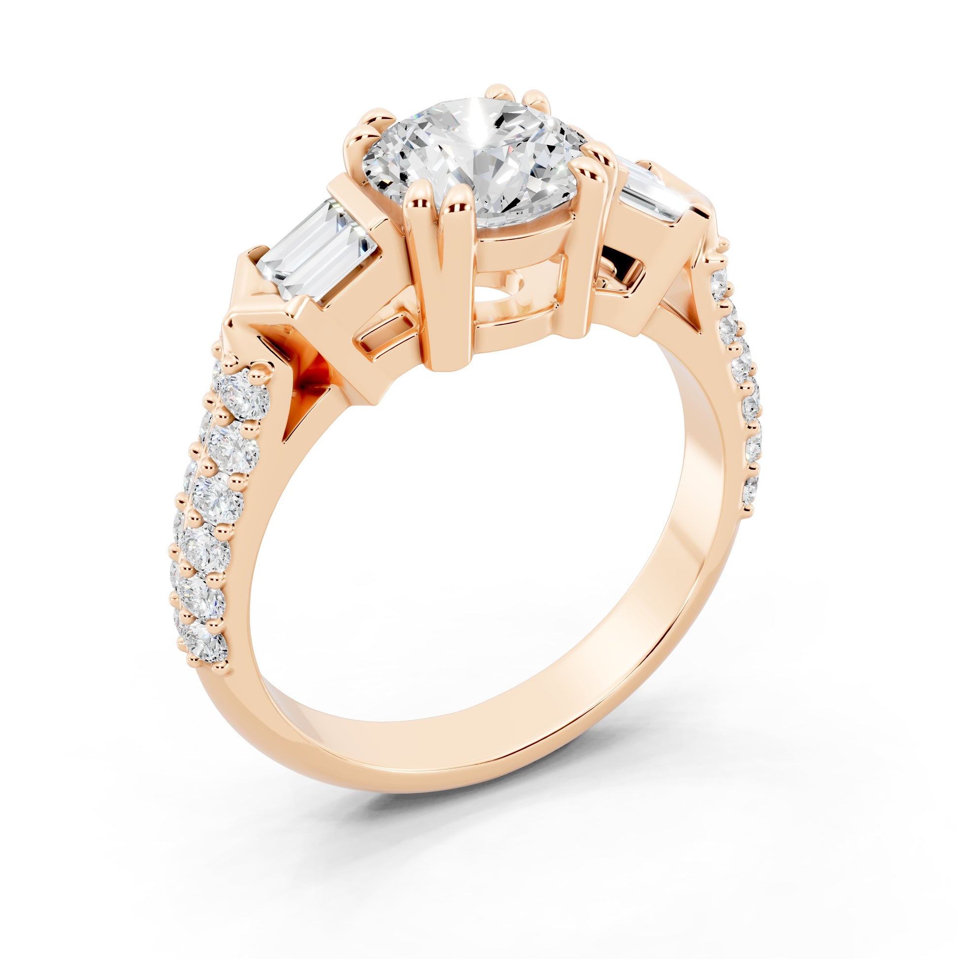 Customizable 1ct center Round cut Lab Diamond Engagement Ring with side baguettes