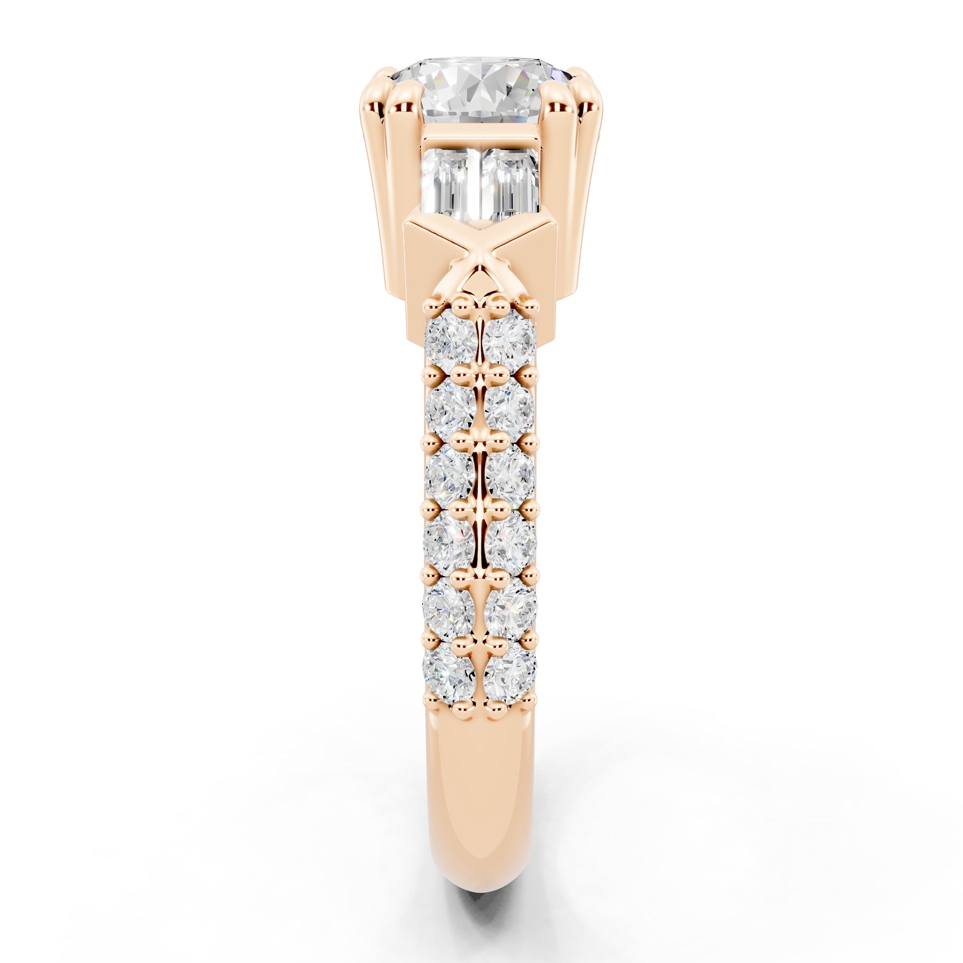 Customizable 1ct center Round cut Lab Diamond Engagement Ring with side baguettes