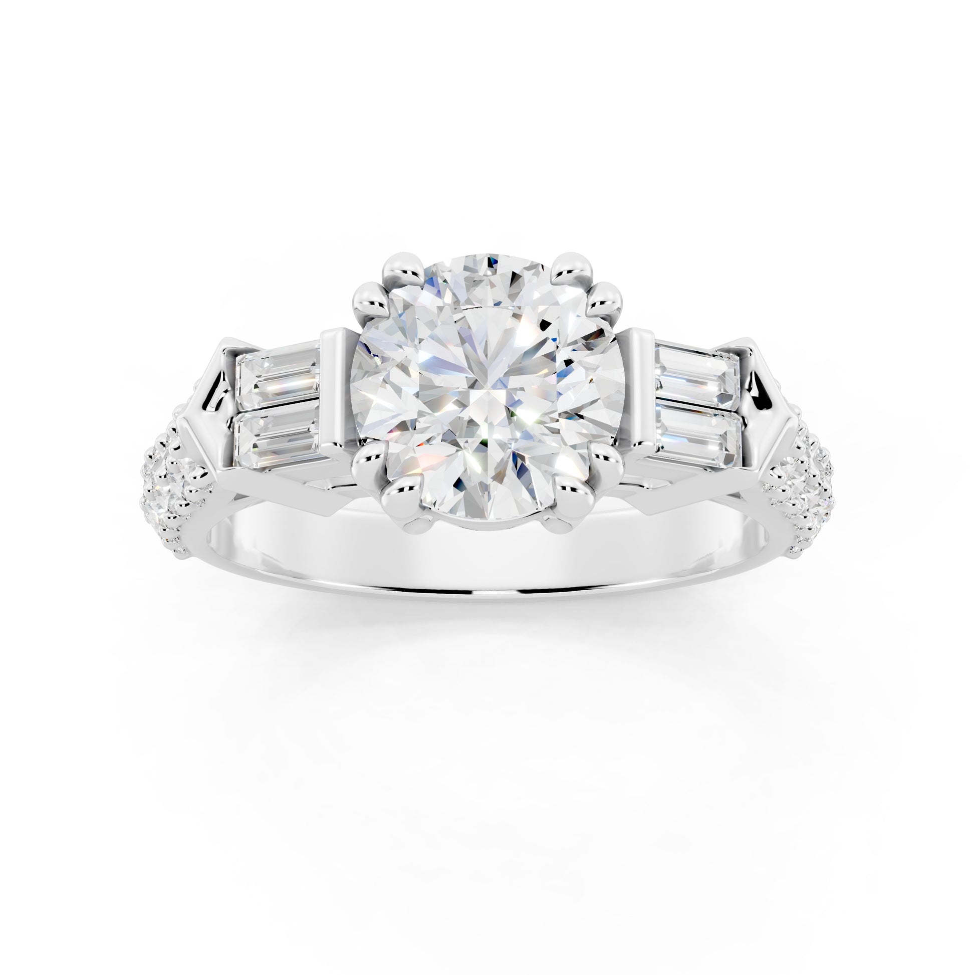 Customizable 1ct center Round cut Lab Diamond Engagement Ring with side baguettes