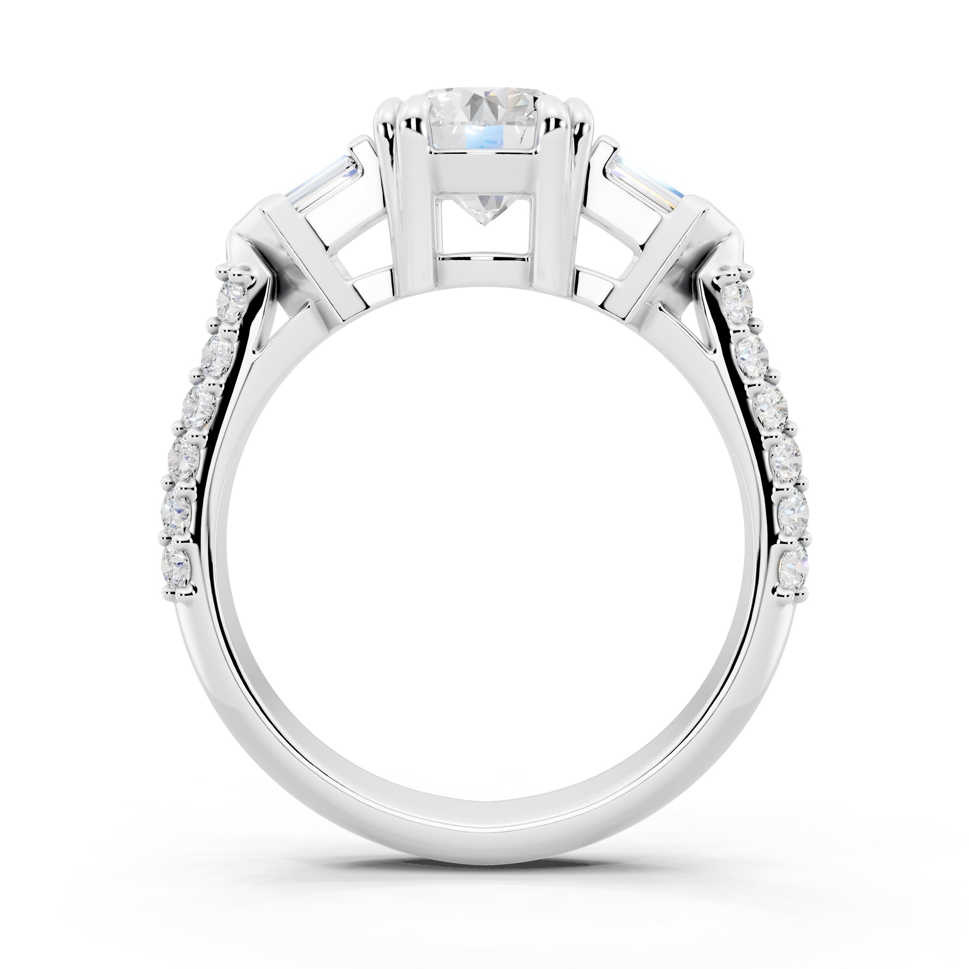 Customizable 1ct center Round cut Lab Diamond Engagement Ring with side baguettes