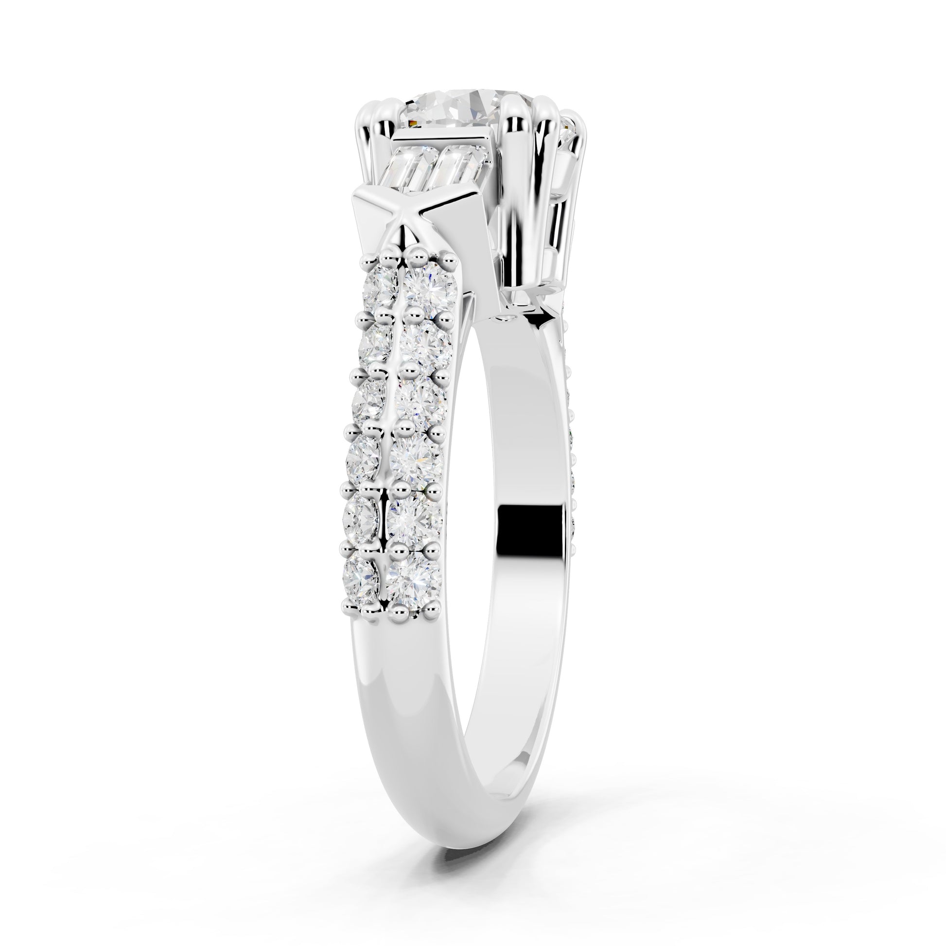 Customizable 1ct center Round cut Lab Diamond Engagement Ring with side baguettes