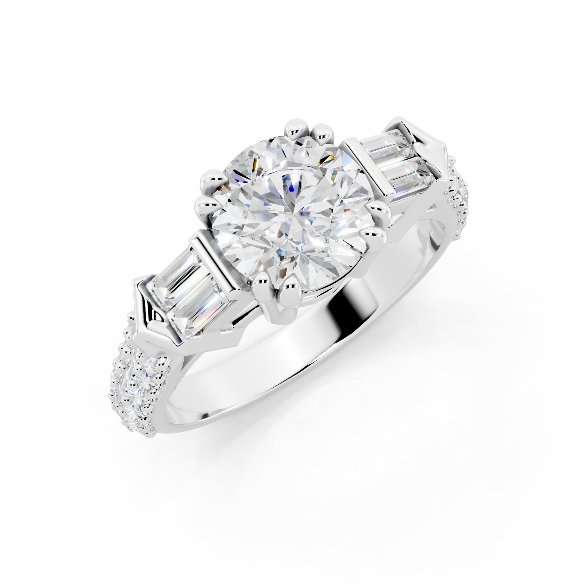Customizable 1ct center Round cut Lab Diamond Engagement Ring with side baguettes