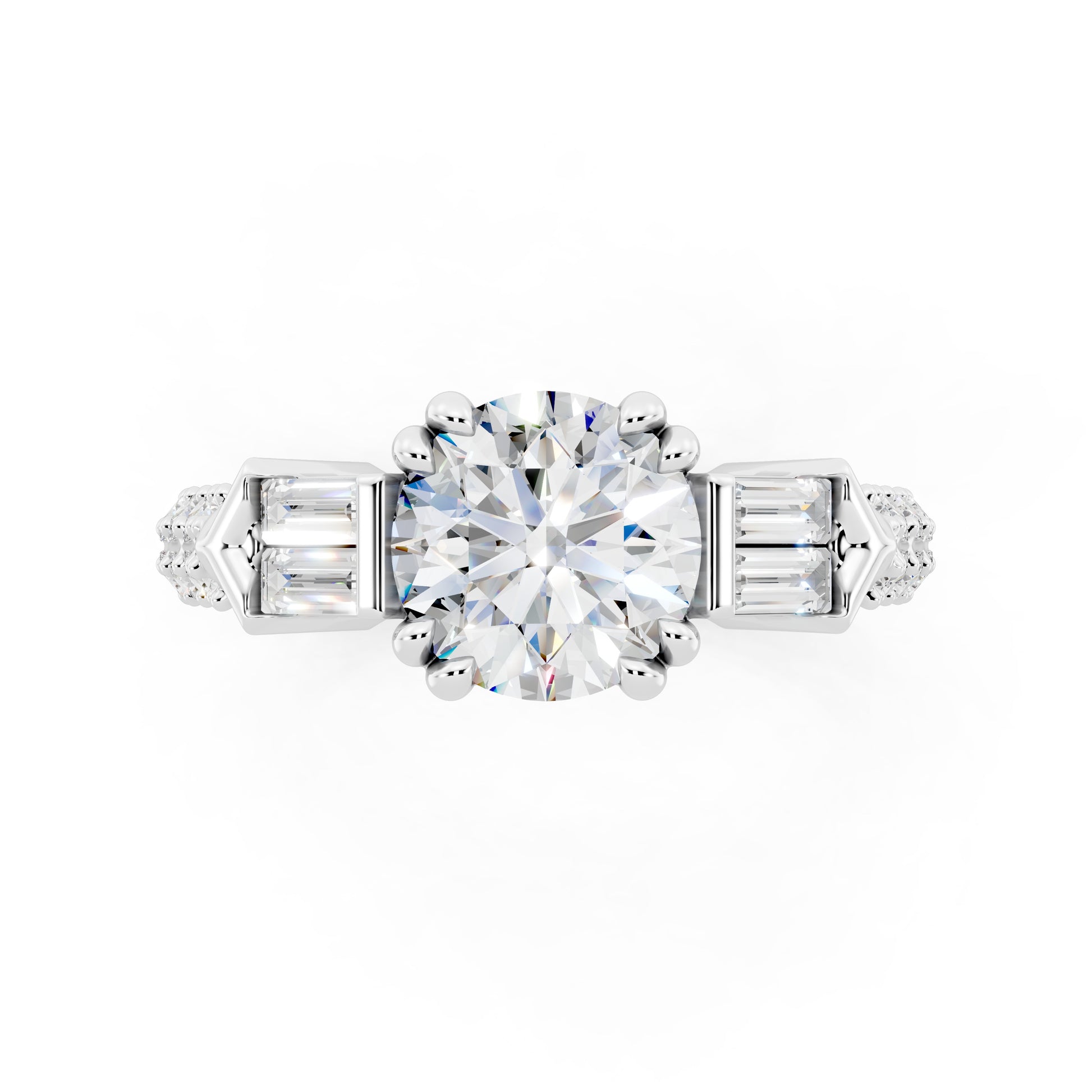 Customizable 1ct center Round cut Lab Diamond Engagement Ring with side baguettes