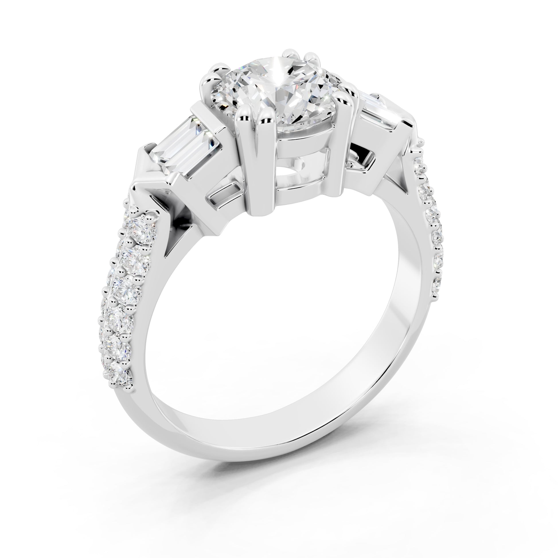 Customizable 1ct center Round cut Lab Diamond Engagement Ring with side baguettes