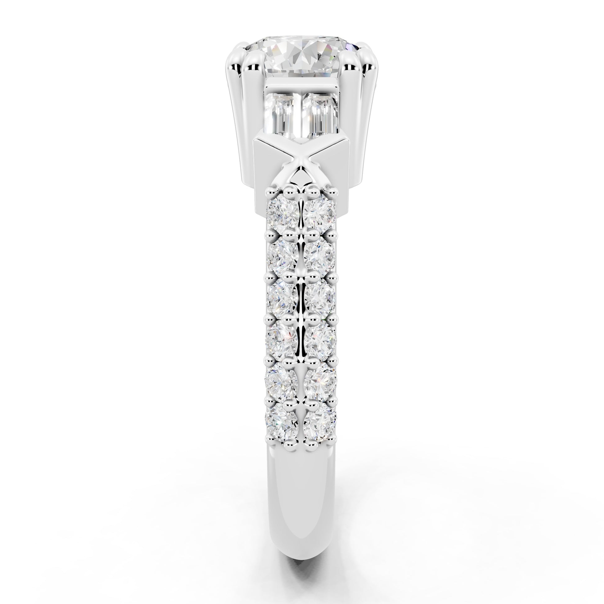 Customizable 1ct center Round cut Lab Diamond Engagement Ring with side baguettes