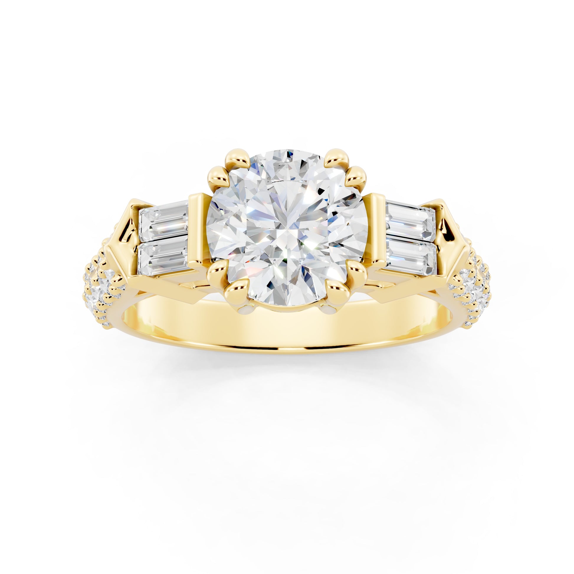 Customizable 1ct center Round cut Lab Diamond Engagement Ring with side baguettes