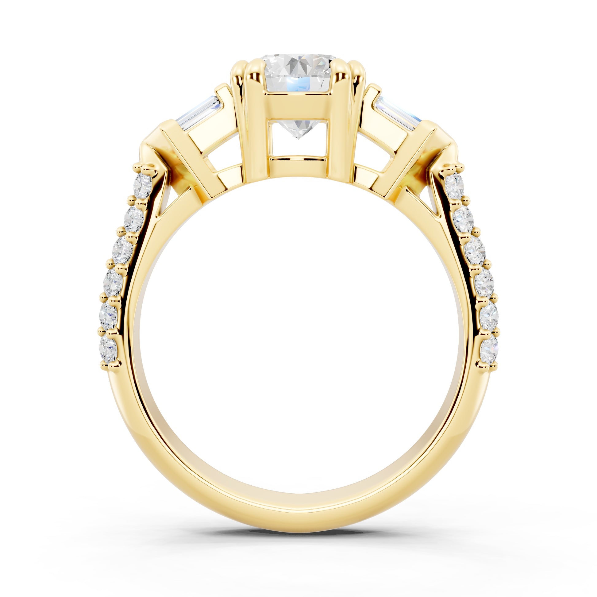 Customizable 1ct center Round cut Lab Diamond Engagement Ring with side baguettes