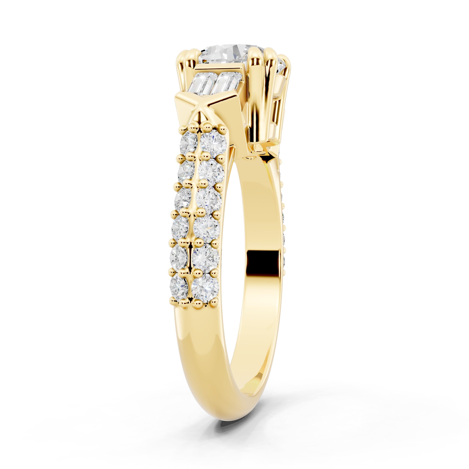 Customizable 1ct center Round cut Lab Diamond Engagement Ring with side baguettes