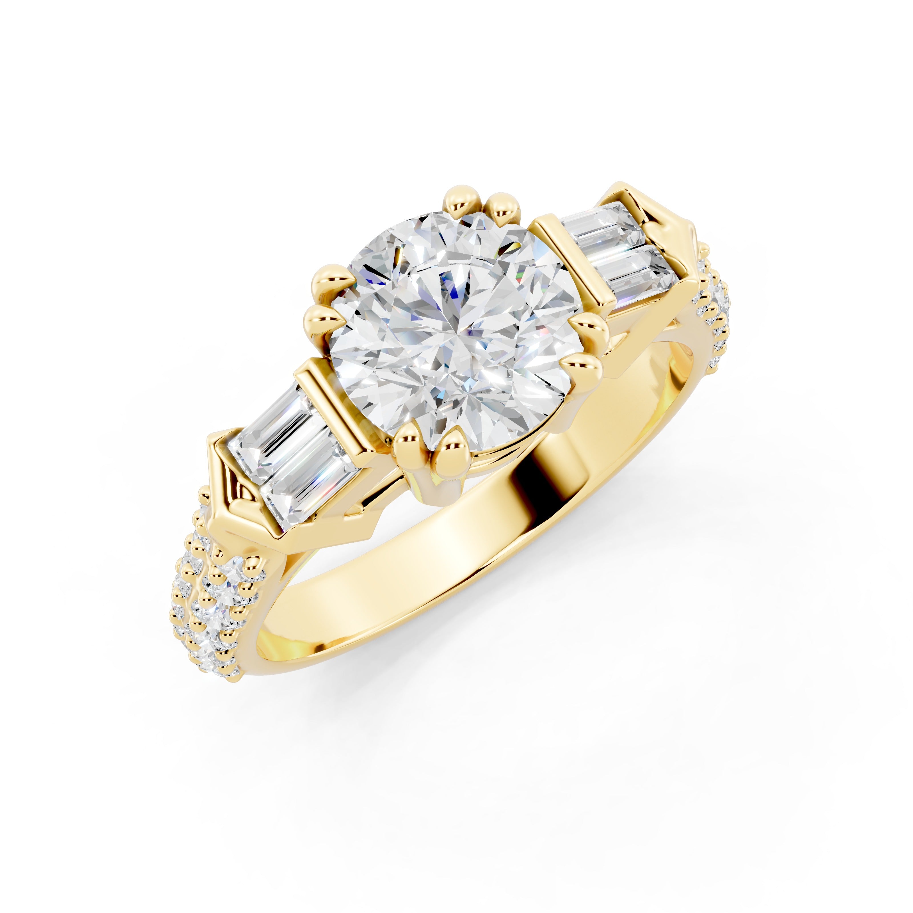 Customizable 1ct center Round cut Lab Diamond Engagement Ring with side baguettes