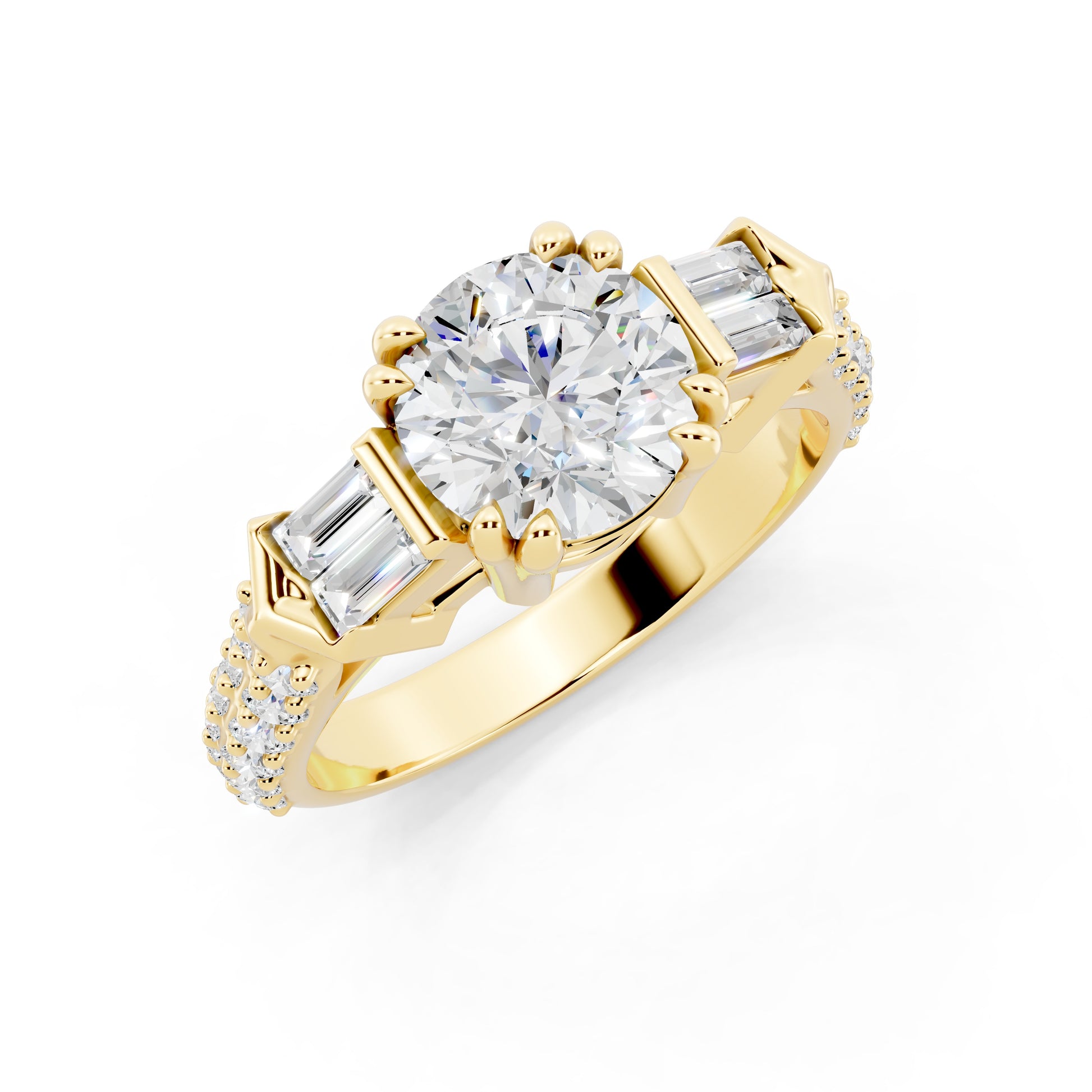 Customizable 1ct center Round cut Lab Diamond Engagement Ring with side baguettes