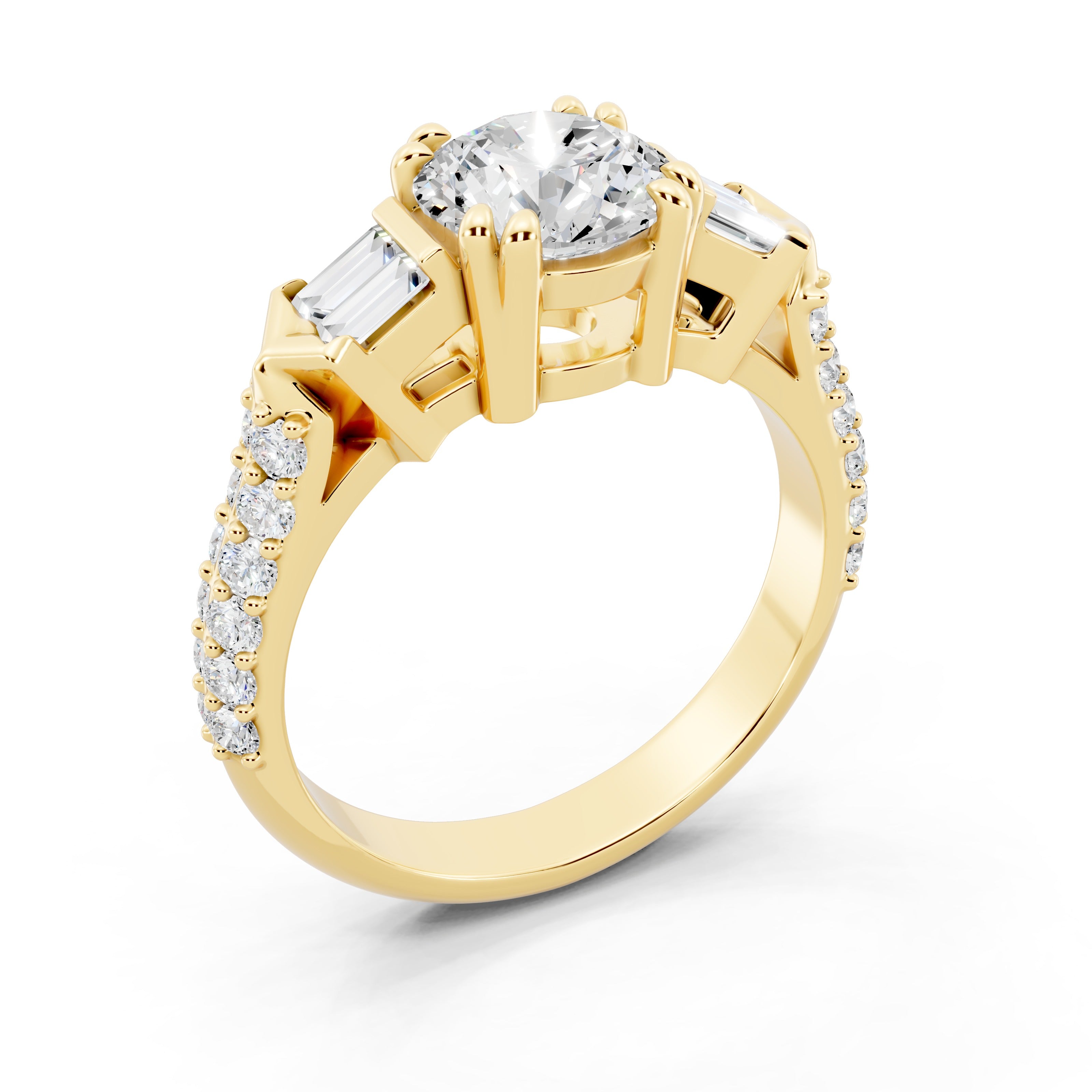 Customizable 1ct center Round cut Lab Diamond Engagement Ring with side baguettes