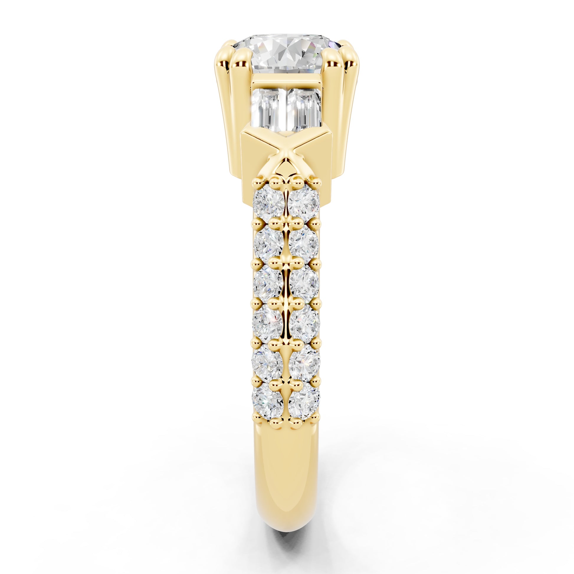 Customizable 1ct center Round cut Lab Diamond Engagement Ring with side baguettes