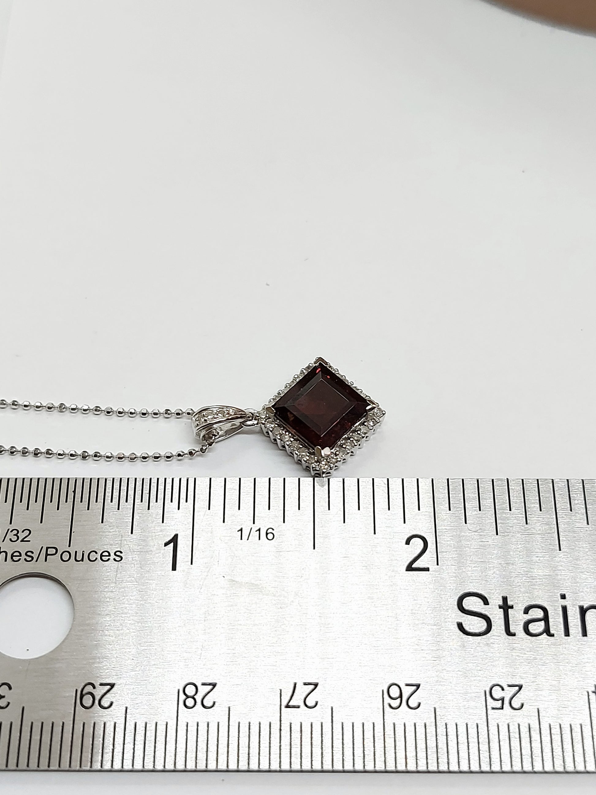 14k Real Solid White Gold Necklace with lozenge shaped Garnet and Real Natural diamonds for Women