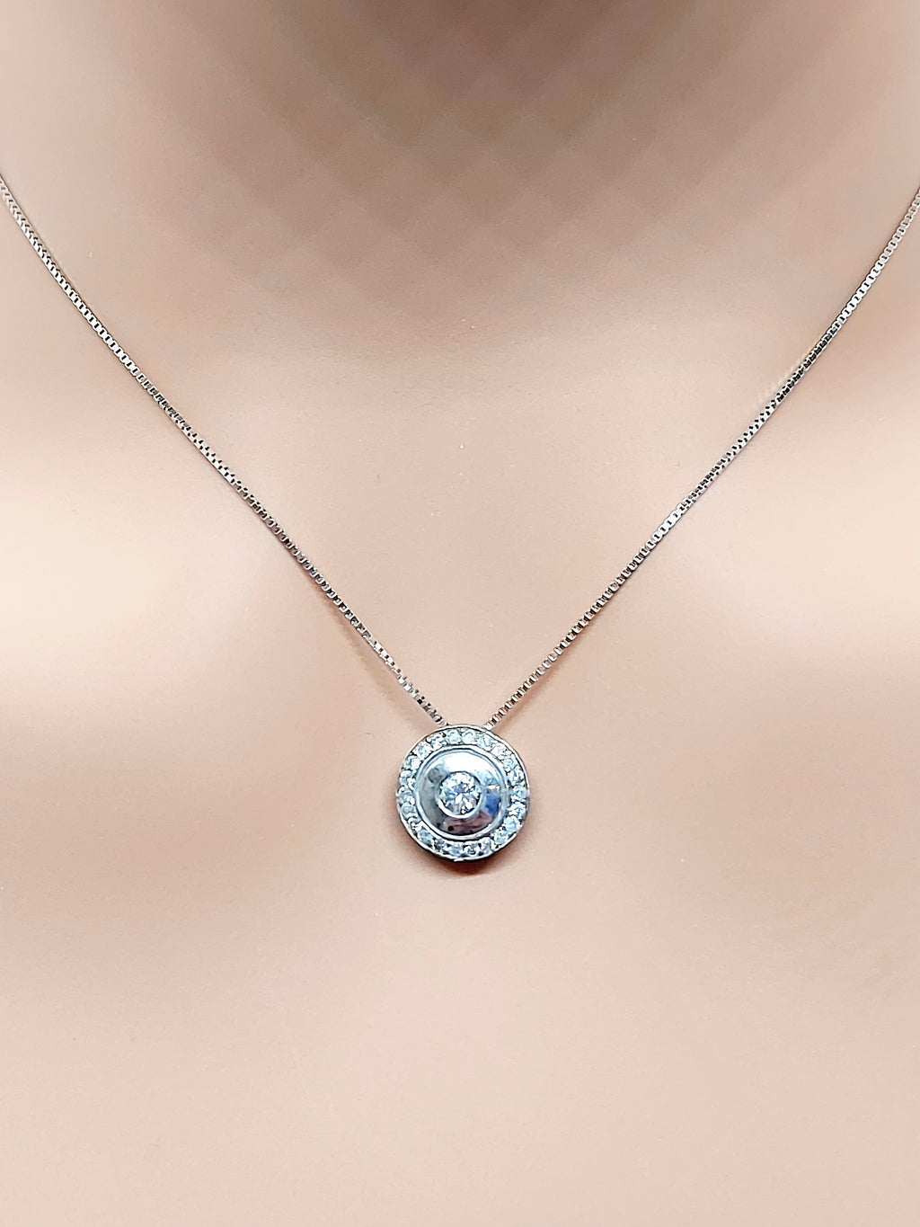 14k Real Solid White Gold with Round Pendant and Real Natural Diamonds for women