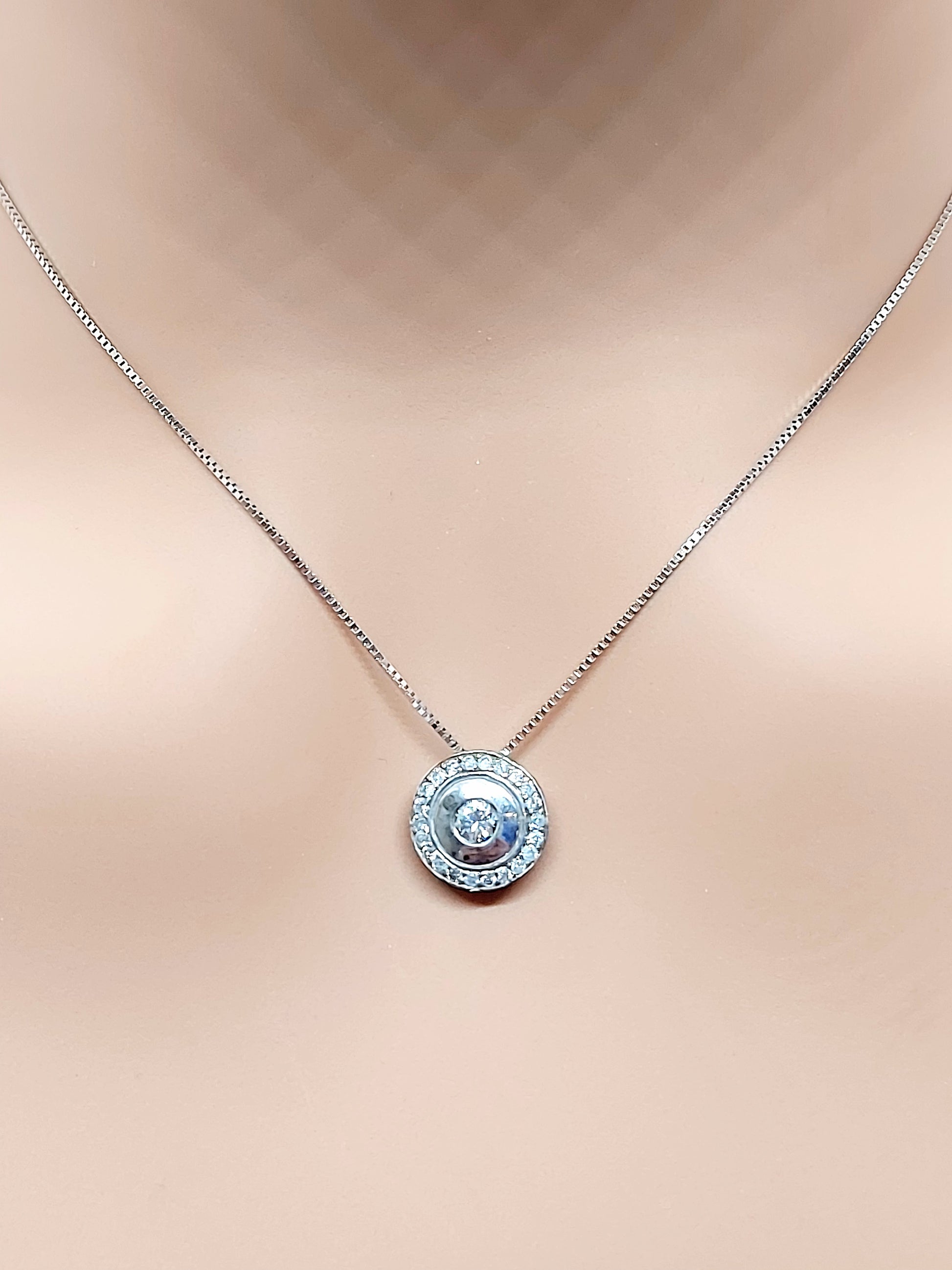 14k Real Solid White Gold with Round Pendant and Real Natural Diamonds for women