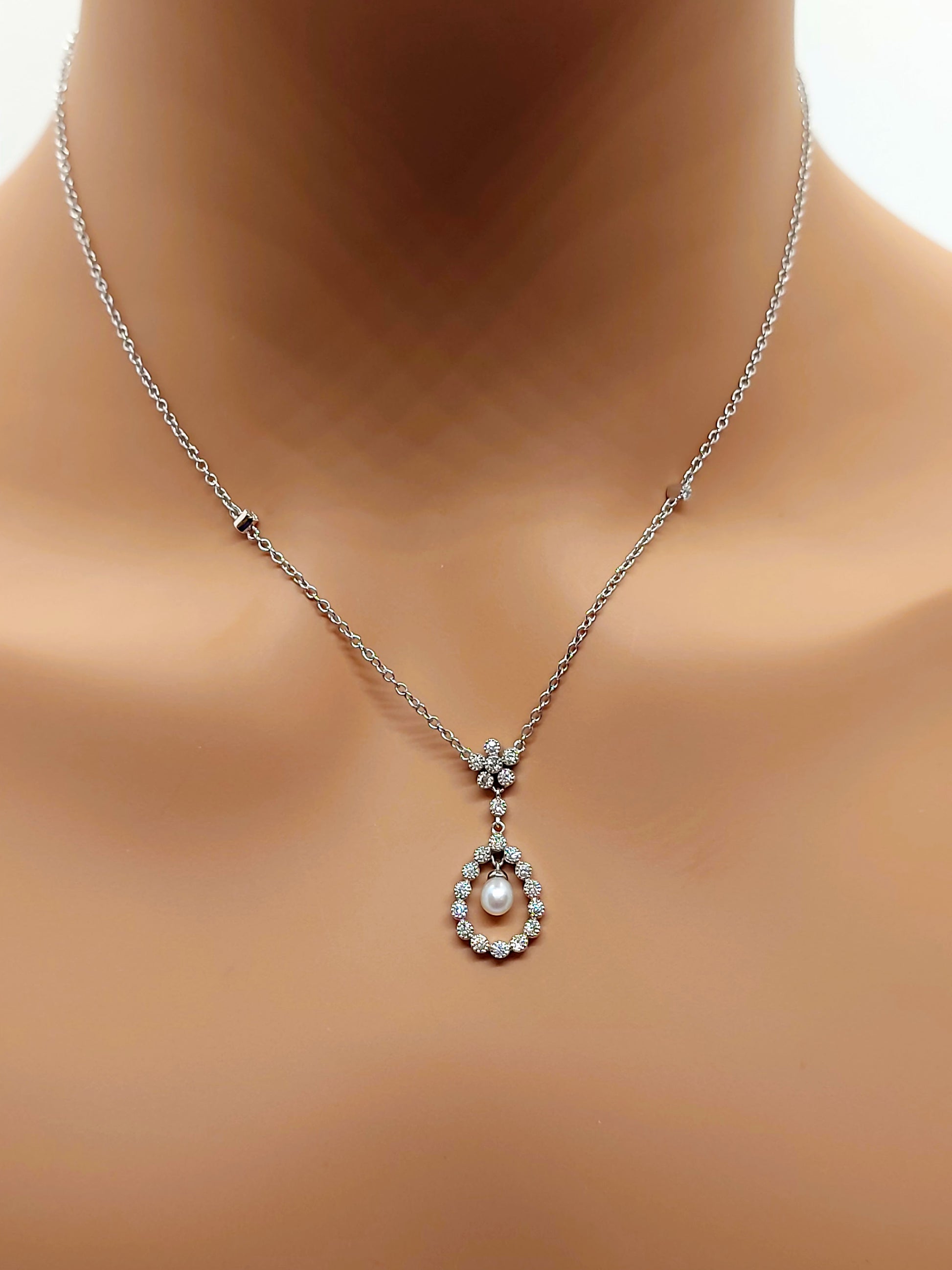 14k Real Solid White Gold Tear drop hanged from flower Necklace, Pearl Necklace with Natural Diamonds