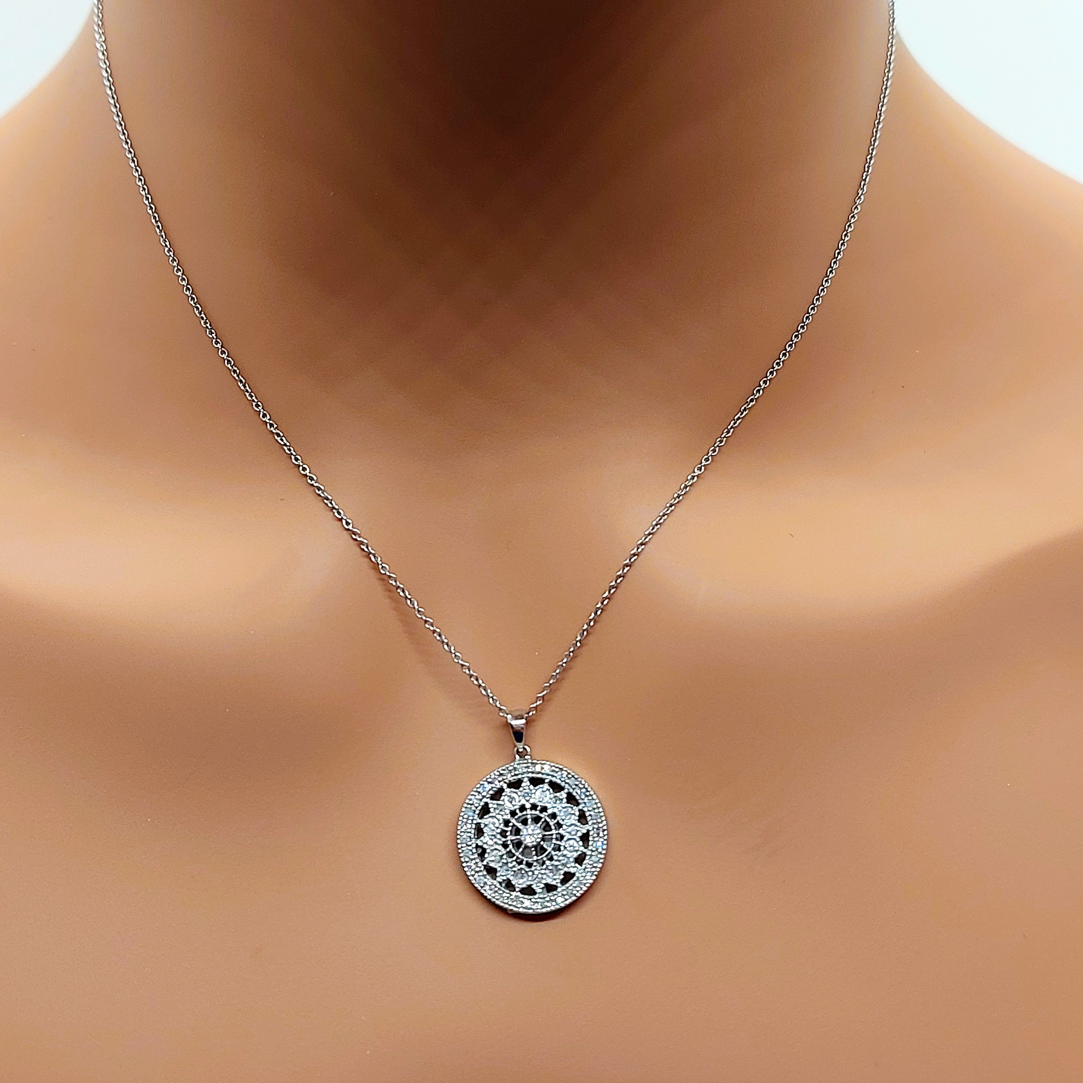14k Real Solid White Gold Natural Diamond Round Necklace for women, Medallion Necklace with Diamonds for women
