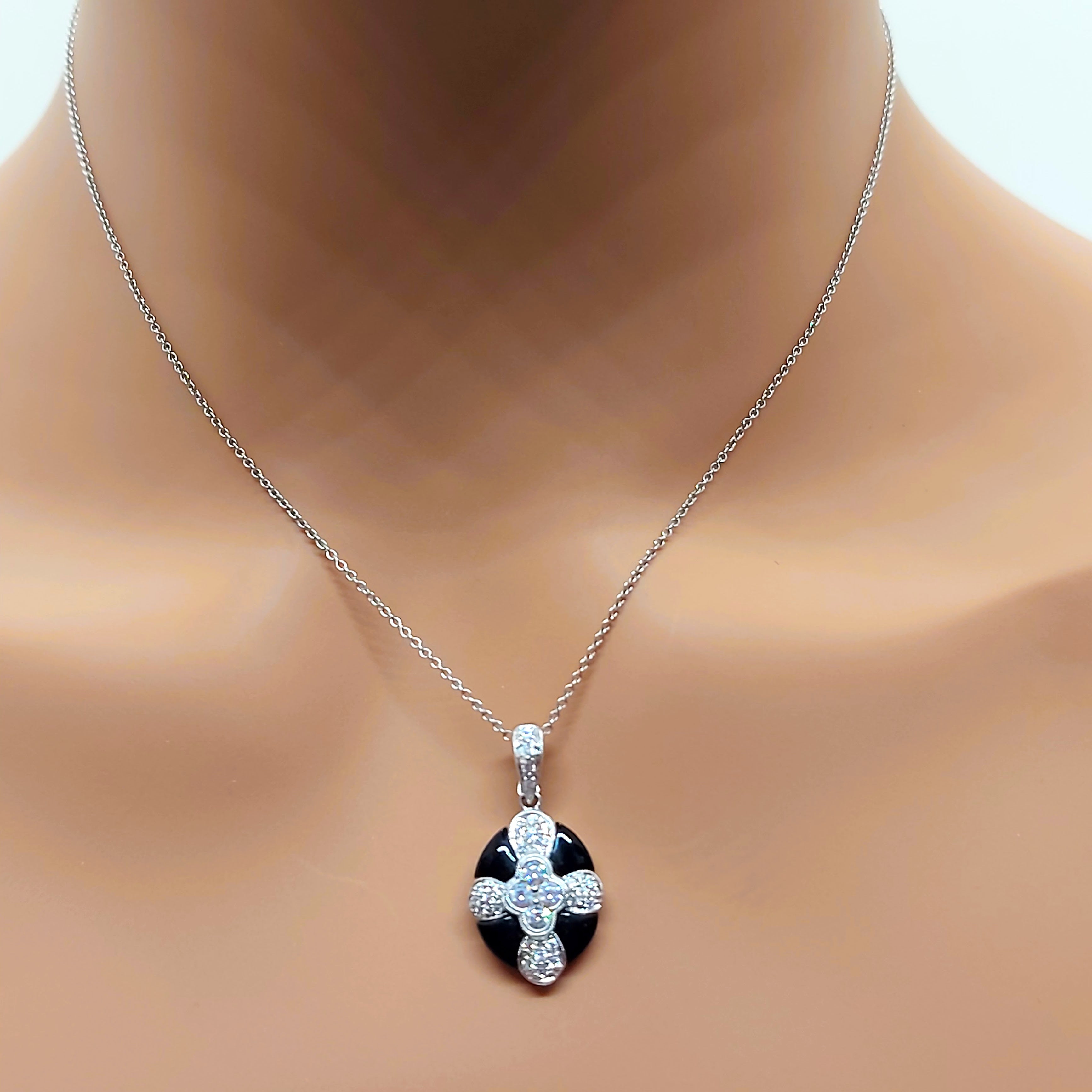 14k Real Solid White Gold Necklace, Oval shaped Necklace for Women with onyx stone