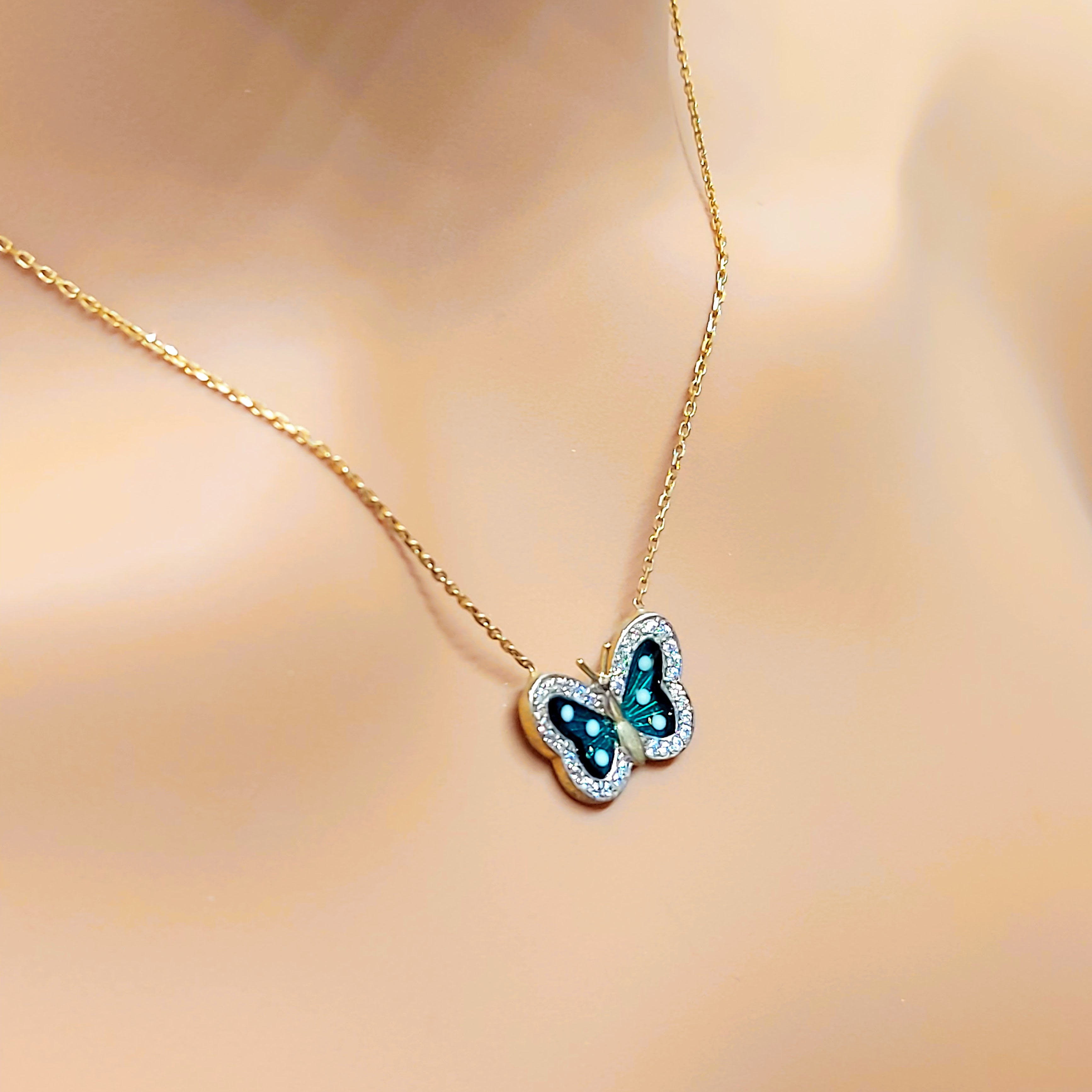 10k Real Solid Gold Green Butterfly Necklace with Diamonds for women