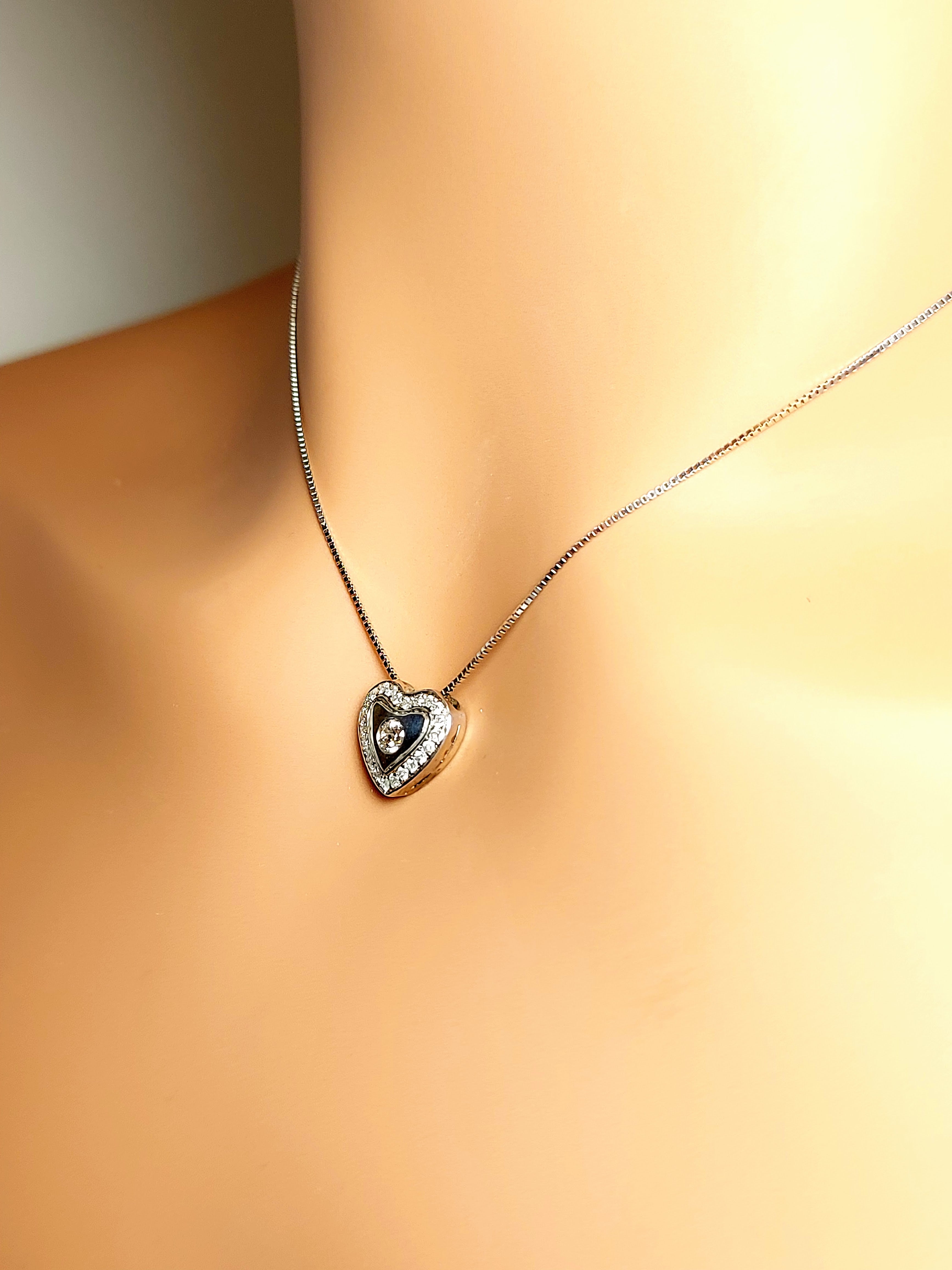 14k Real Solid White Gold Heart Necklace with Real Diamonds, Heart Shaped Necklace, Valentines Day Gift