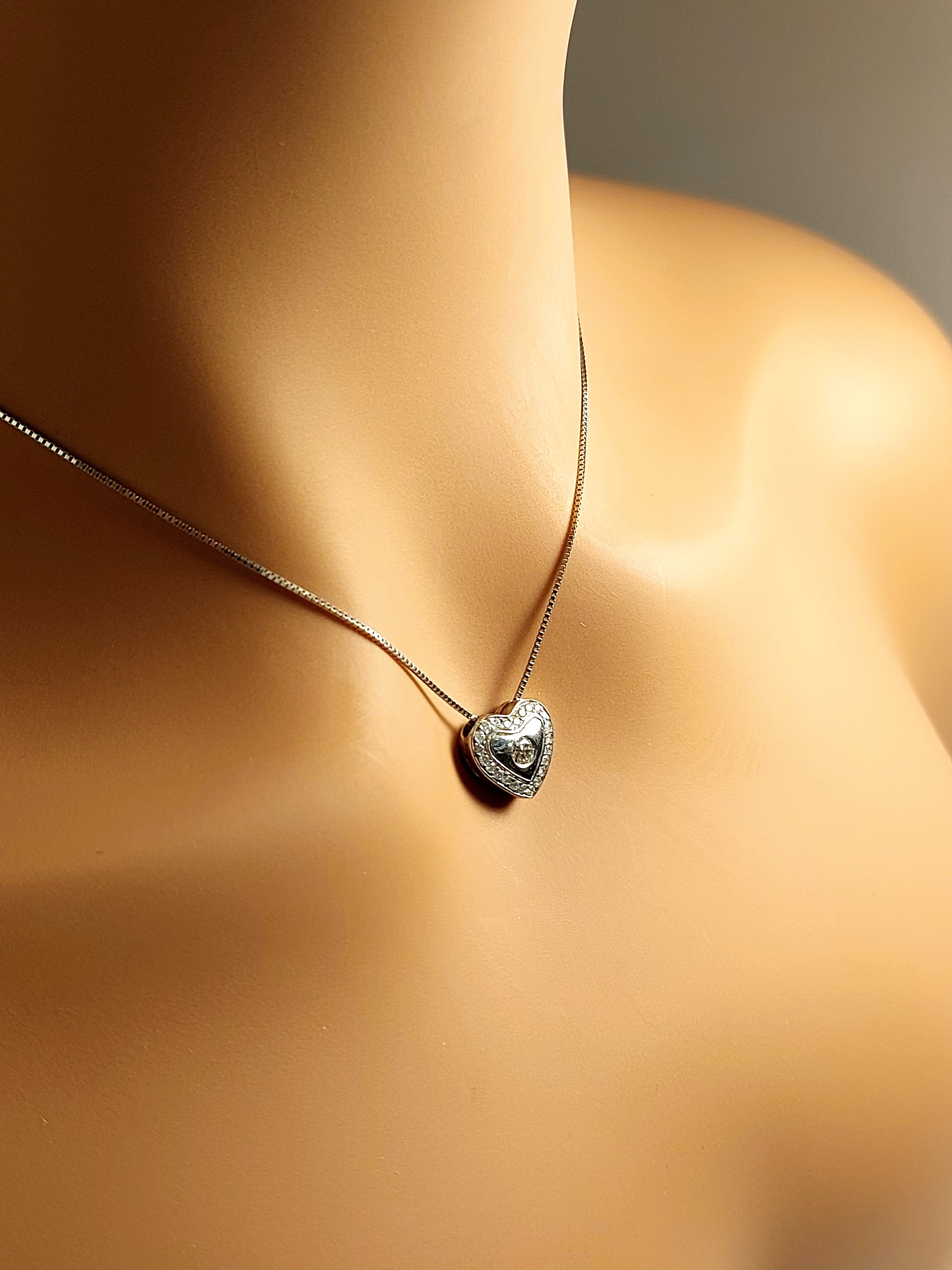 14k Real Solid White Gold Heart Necklace with Real Diamonds, Heart Shaped Necklace, Valentines Day Gift