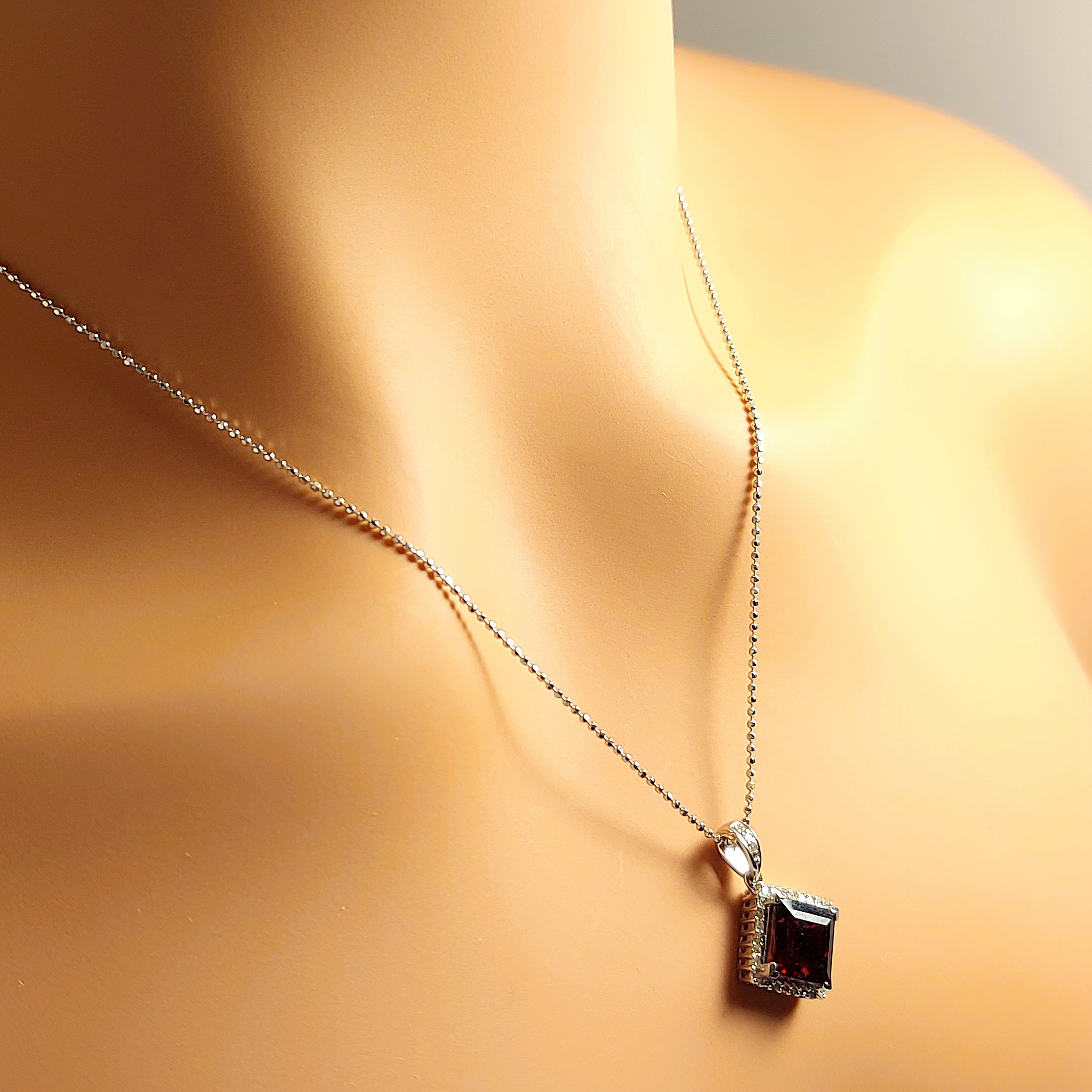 14k Real Solid White Gold Necklace with lozenge shaped Garnet and Real Natural diamonds for Women