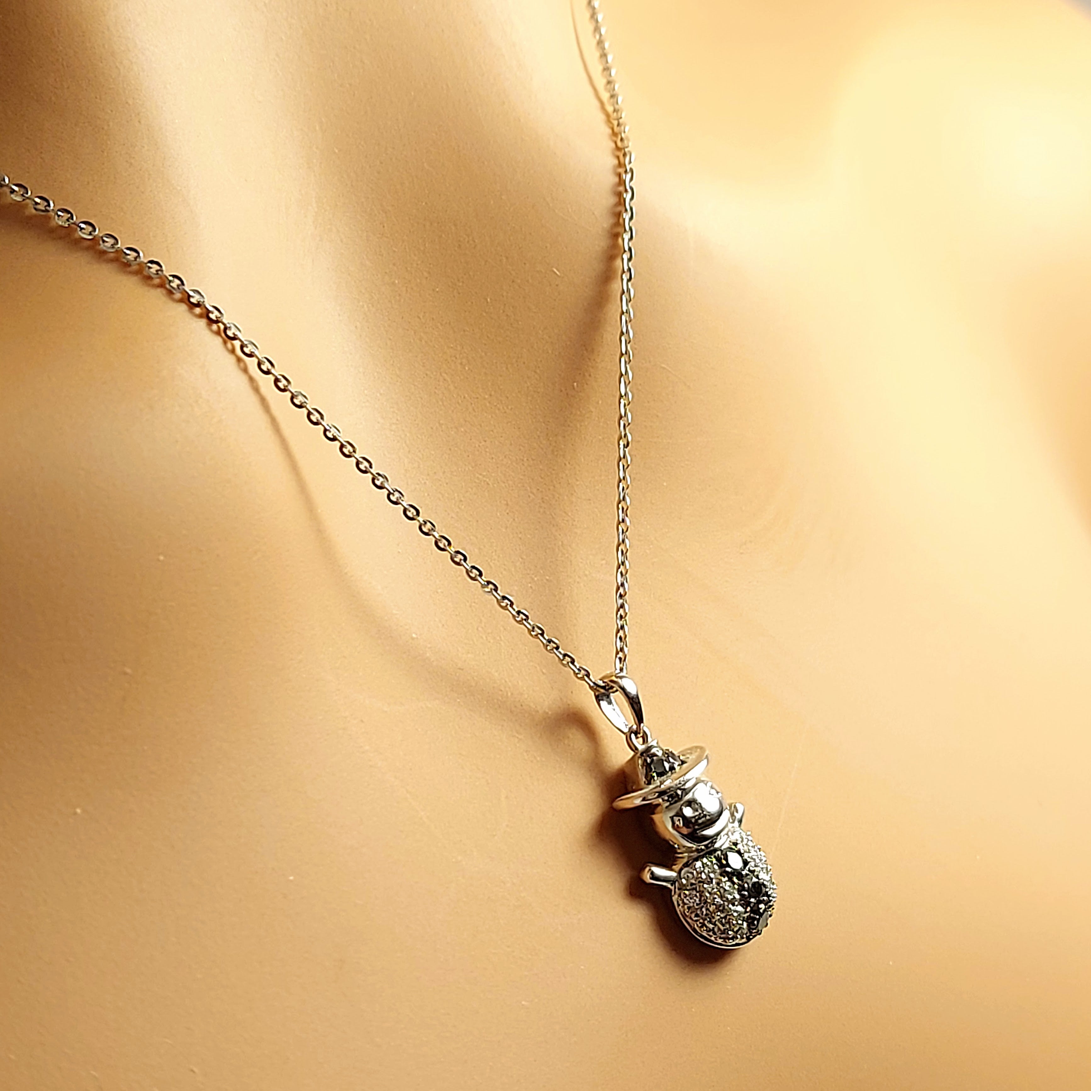 Collier en or blanc massif 14 carats véritable, collier bonhomme de neige avec diamants et diamants noirs