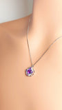 Collier en or blanc massif 14 carats, rond avec améthystes et diamants naturels