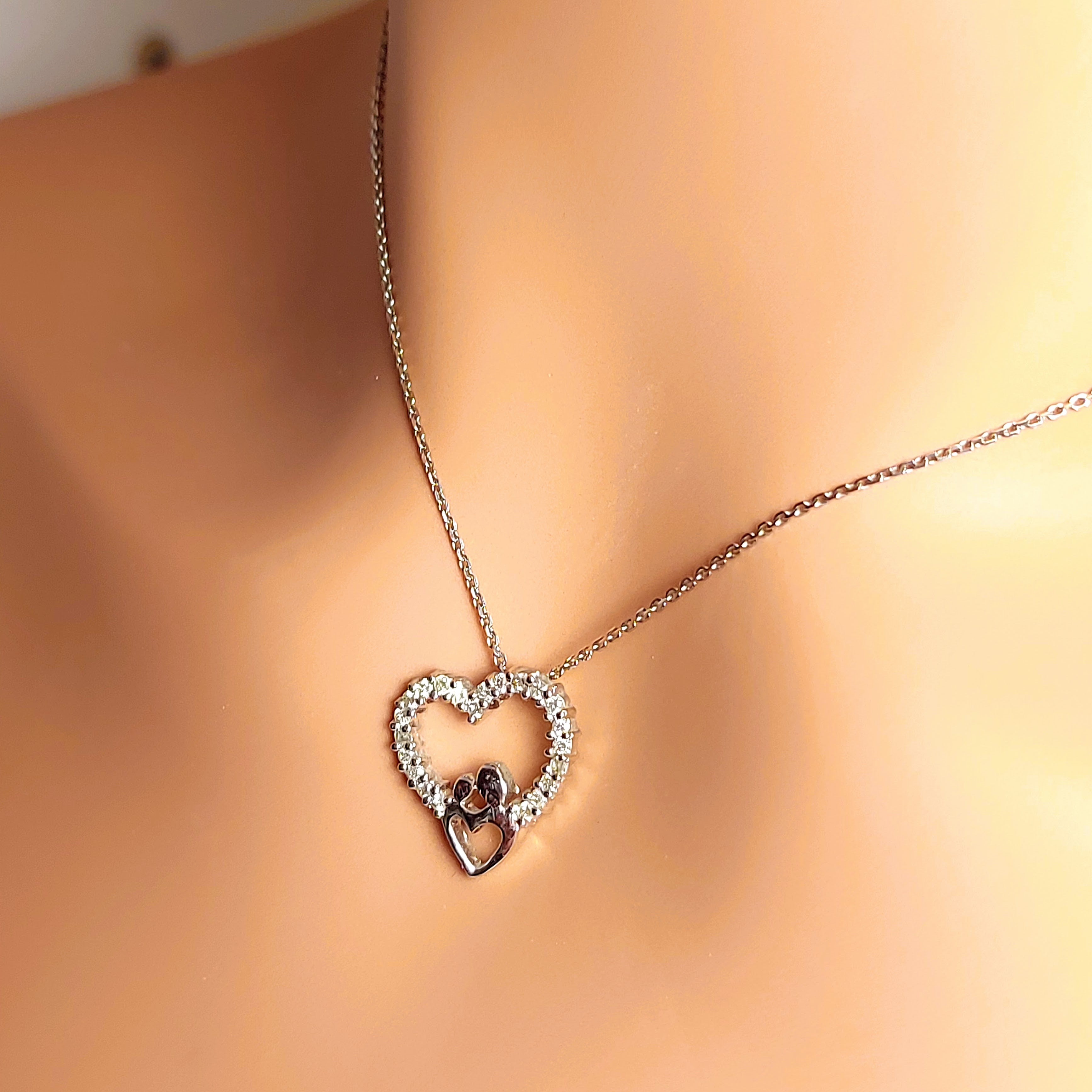 14k Real Solid White Gold Double Heart Necklace with Natural Diamonds for Women