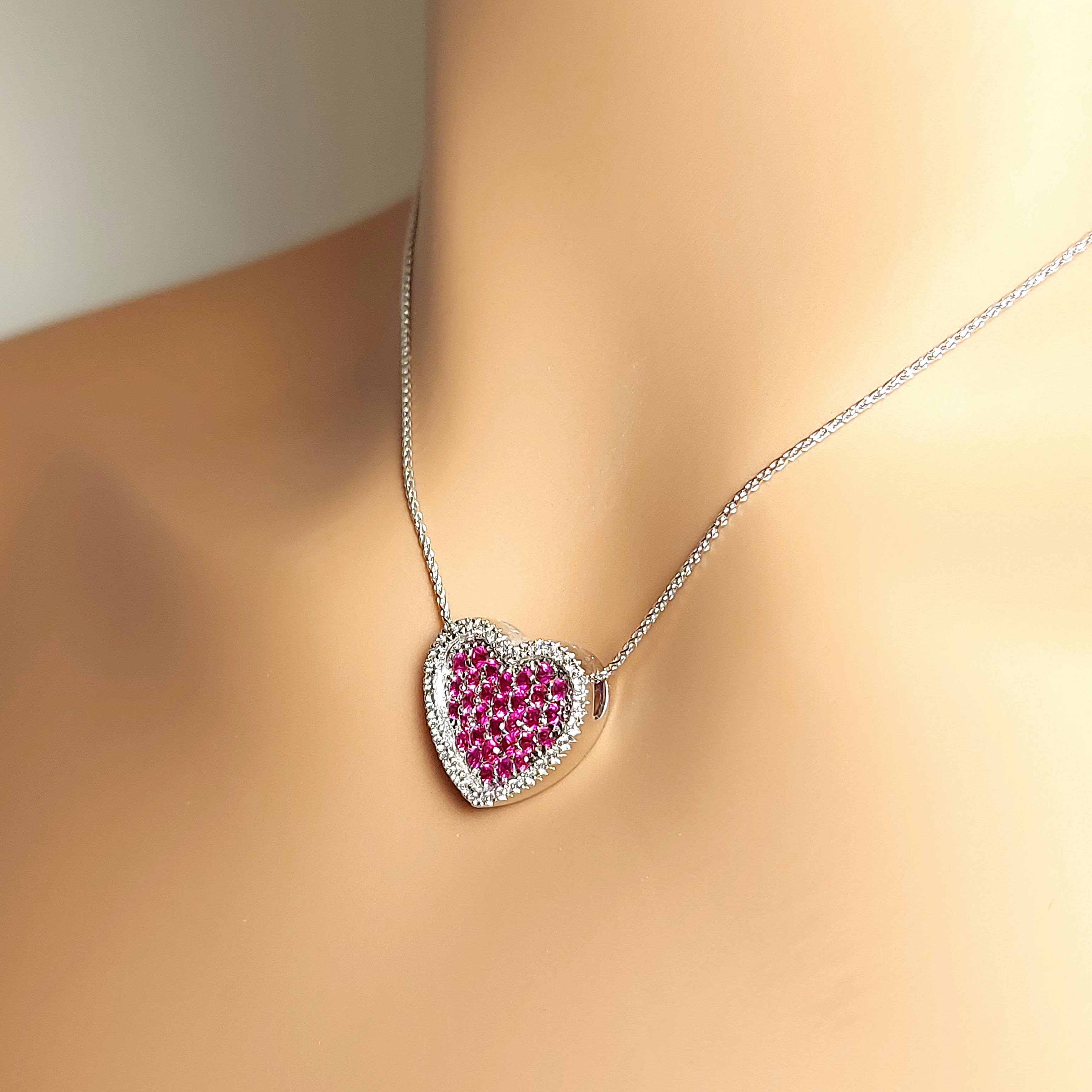 14k Real Solid White Gold Heart Necklace with Natural Diamonds and Ruby stones for women